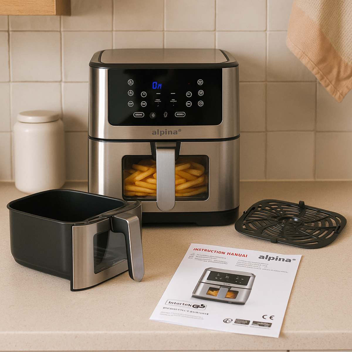 A silver air fryer with fries inside, a black tray, and manual are on a beige counter. A white jar and a towel are in the background.