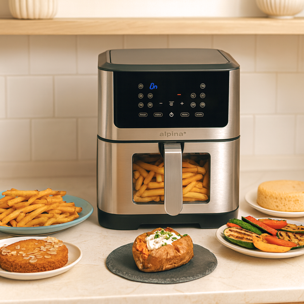 An air fryer with fries inside, surrounded by plates of food: fries, cake, grilled vegetables, and a baked potato.