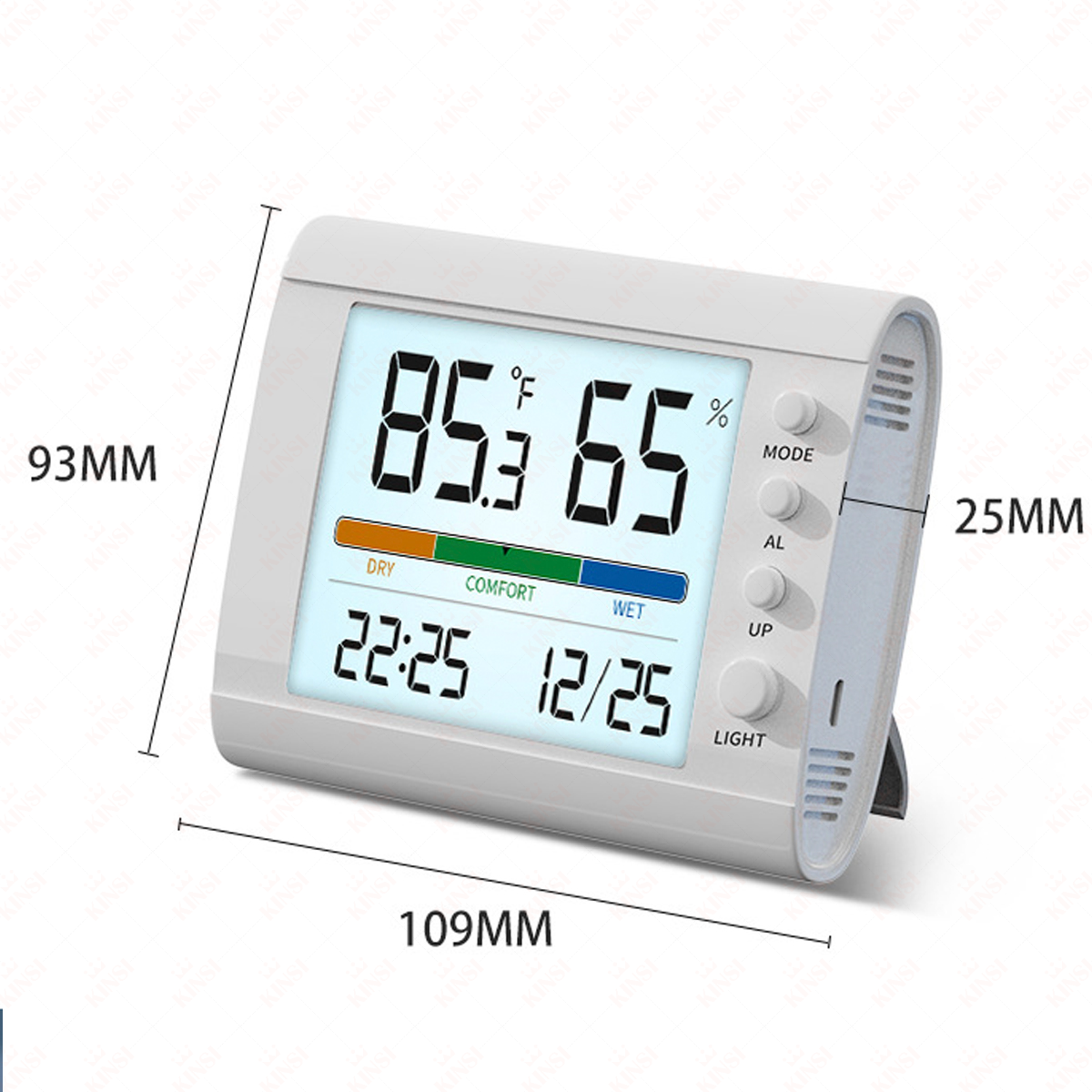 Ein digitales Thermometer zeigt Temperatur, Luftfeuchtigkeit, Uhrzeit und Datum an. Knöpfe steuern Modus, Alarm und Licht. Messwerte angezeigt.