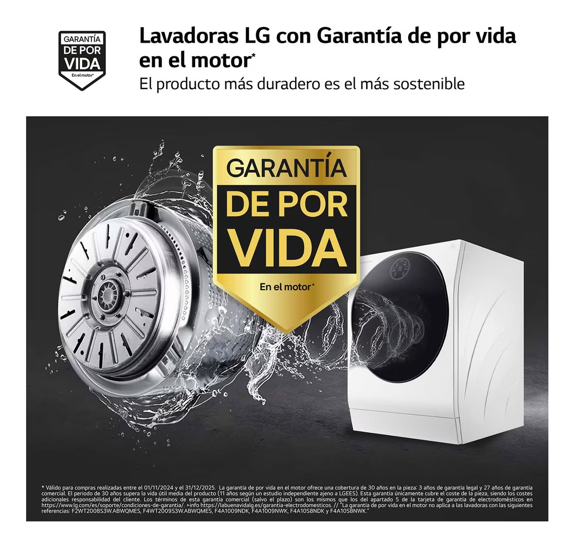 Lavadora LG con garantía de por vida en el motor. Insignia dorada de garantía en el centro. Salpicaduras de agua alrededor.