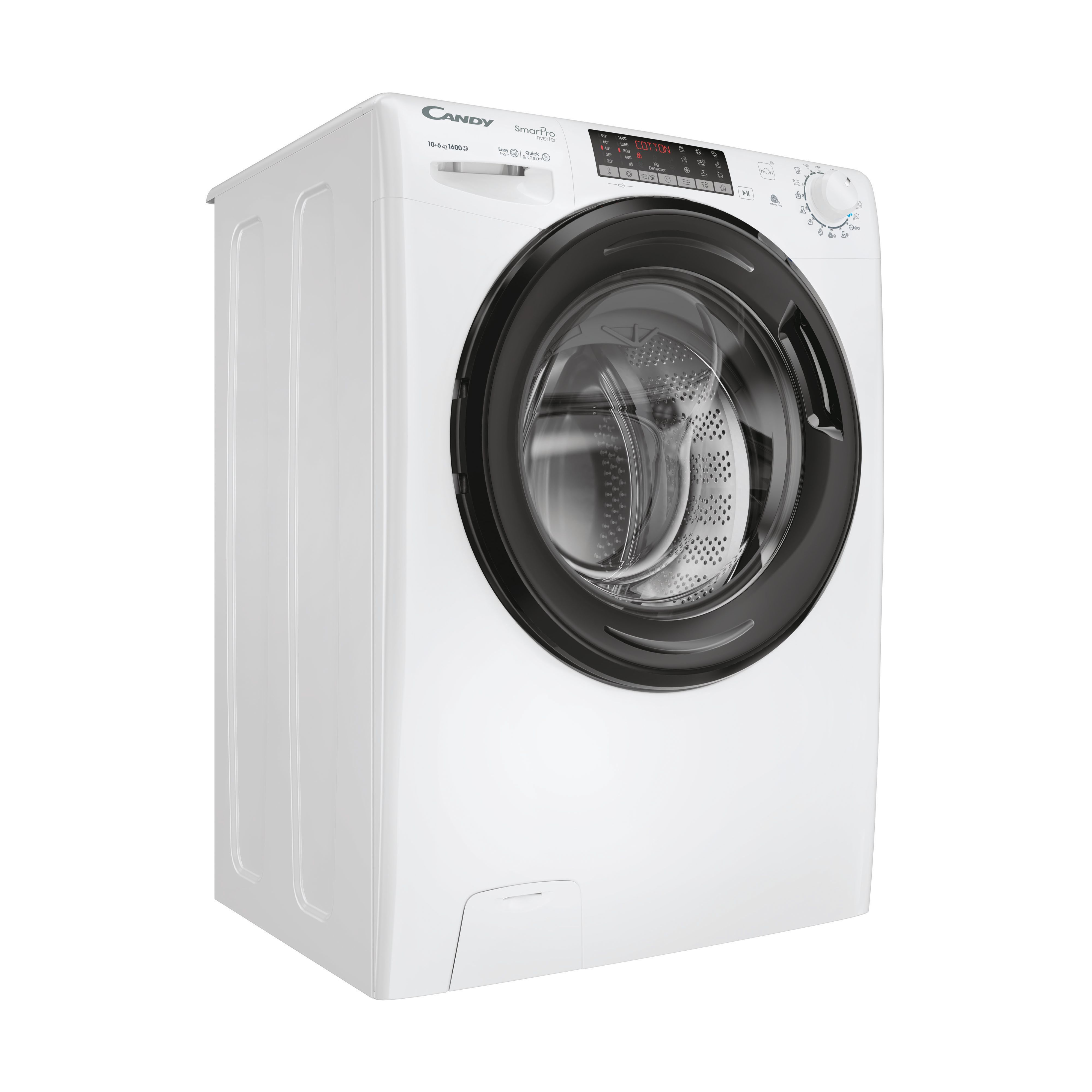 Una lavadora Candy blanca. Tiene una puerta negra, un panel de control y una pantalla digital. La máquina está aislada en blanco.