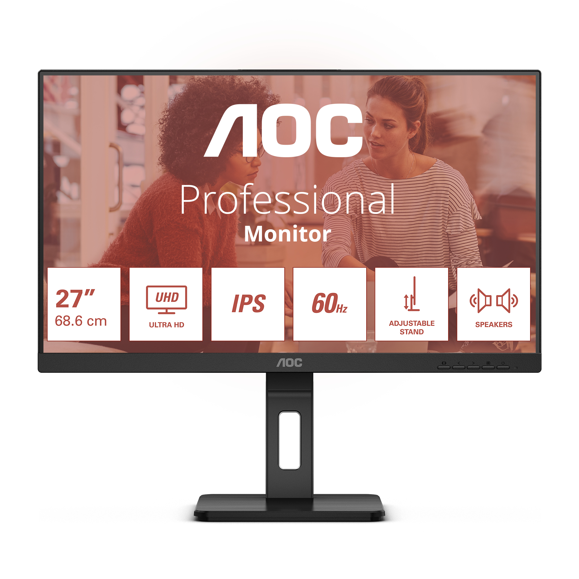 Profesjonalny monitor AOC z czarną ramką. Posiada UHD, IPS, 60Hz, regulowaną podstawę i głośniki. Na ekranie dwie kobiety.