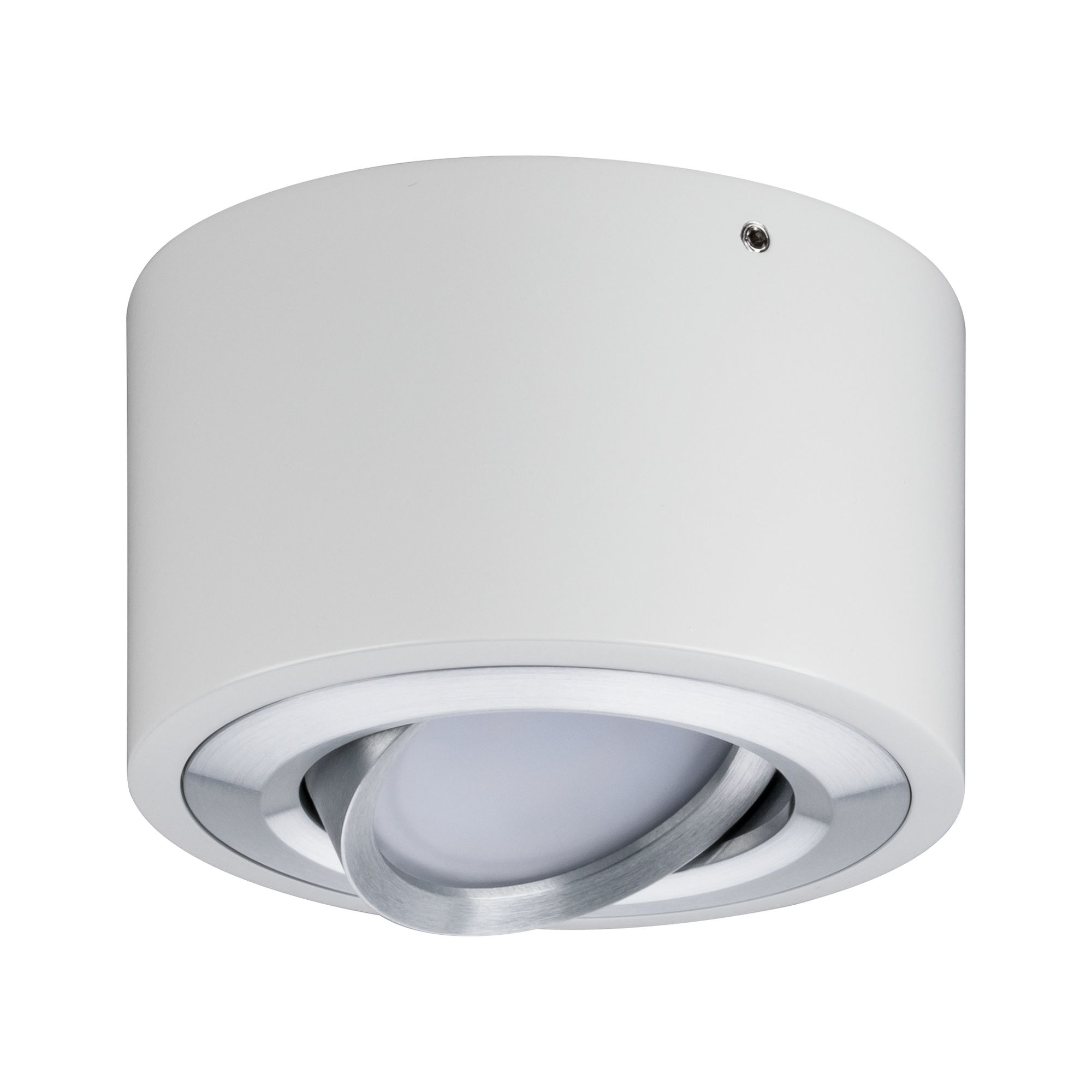Un apparecchio a soffitto cilindrico bianco con un anello interno argentato regolabile e un piccolo dettaglio in alto.