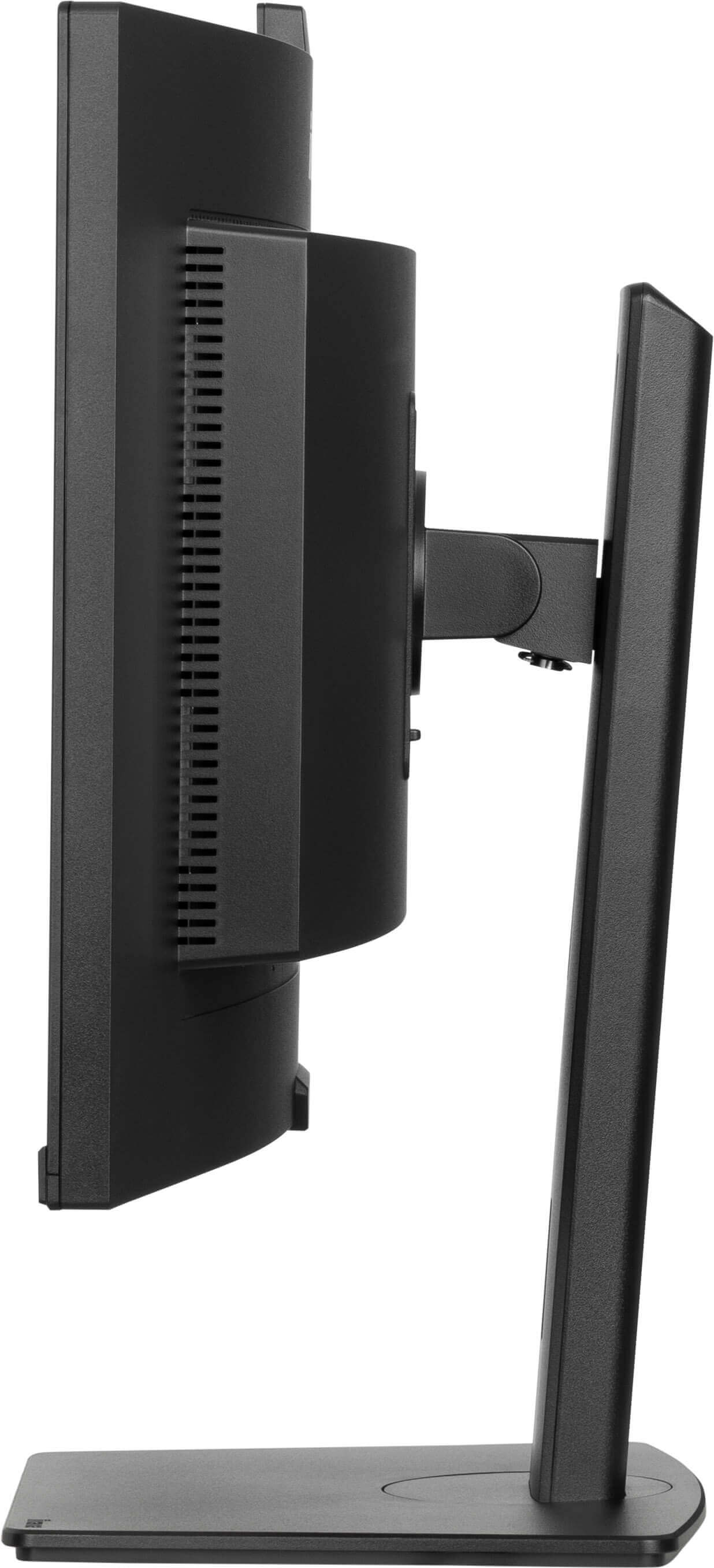 Side view of a black computer monitor. It's mounted on a stand. The monitor has a vent on the back.