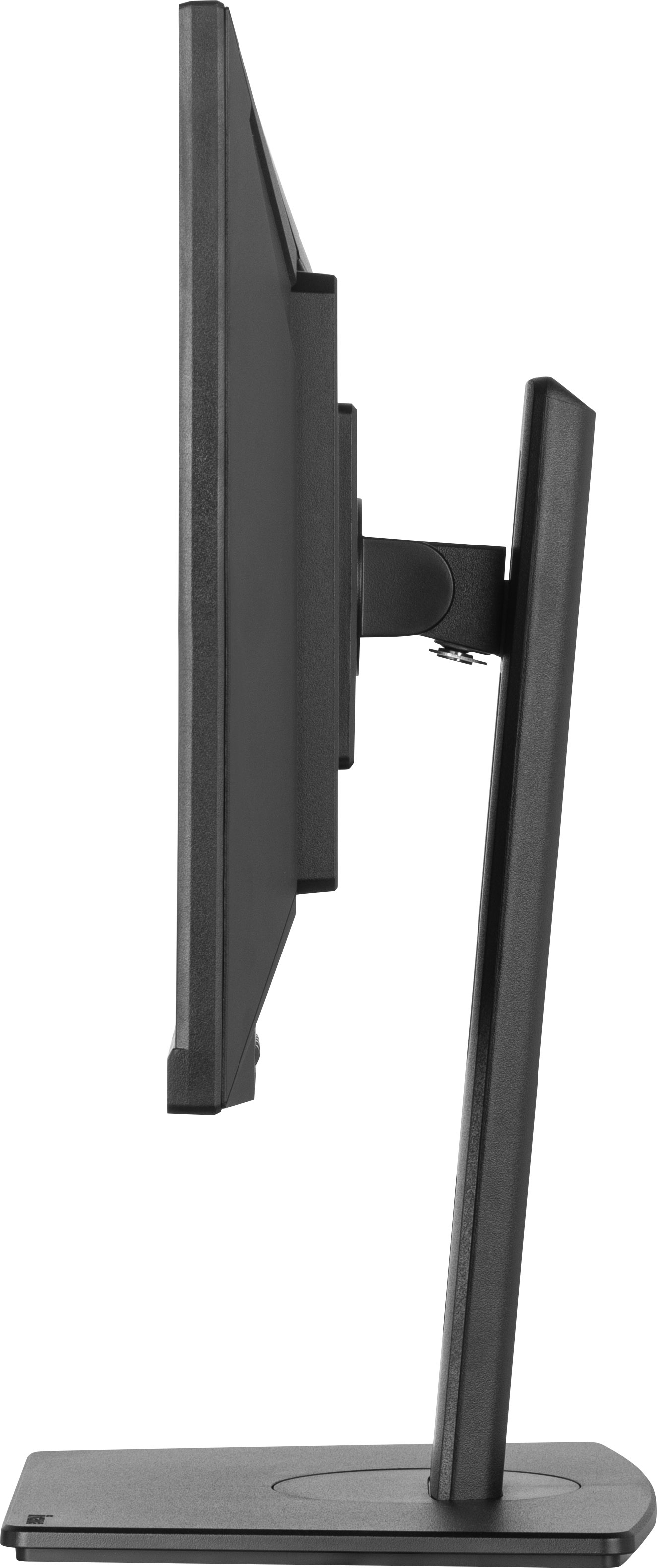 Widok z boku czarnego monitora komputera. Monitor stoi na czarnym stojaku. Tło jest białe.