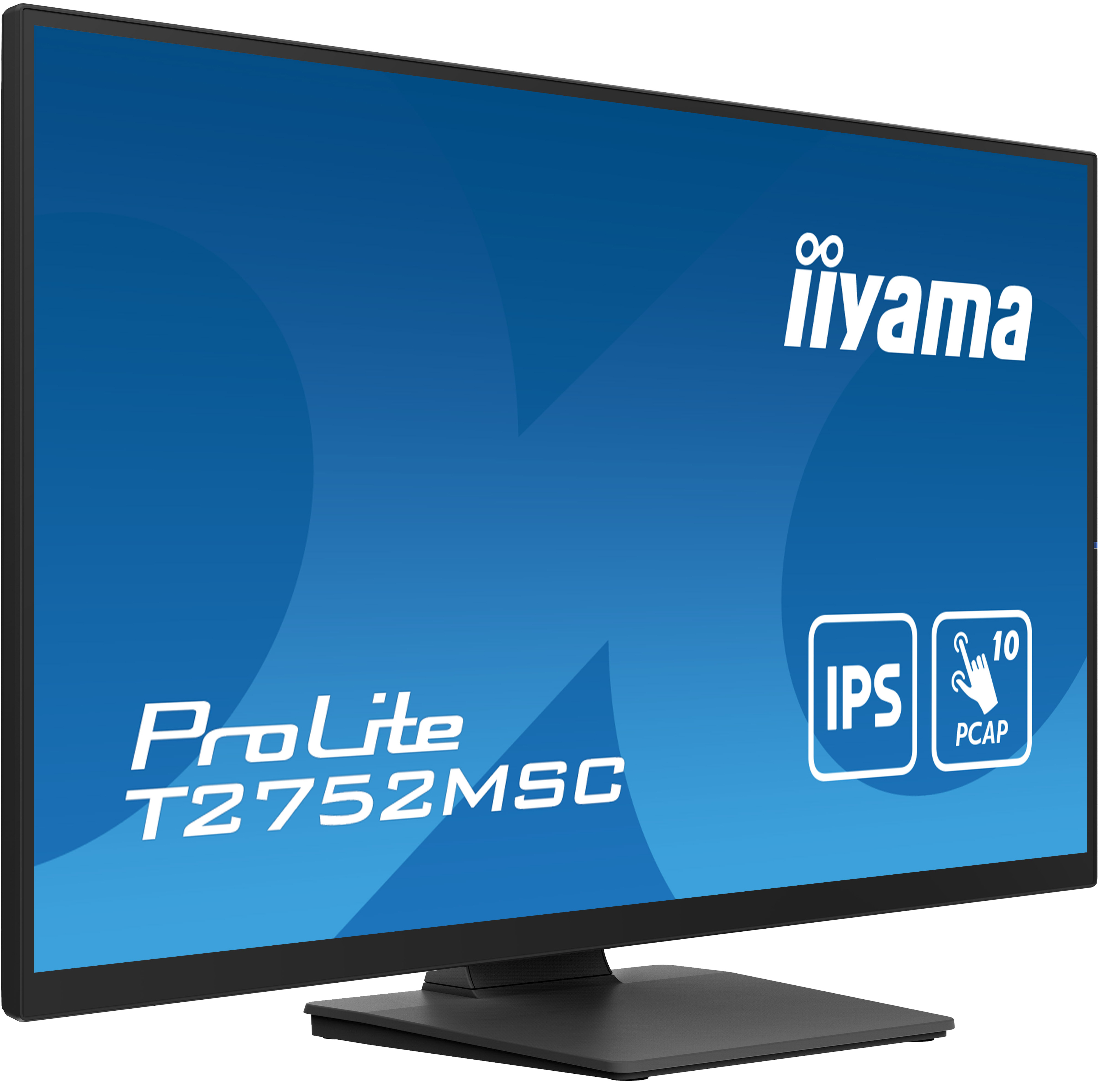 Czarny monitor Iiyama ProLite T2752MSC. Ekran wyświetla niebieskie tło z białym tekstem i logo. Jest na czarnym stojaku.