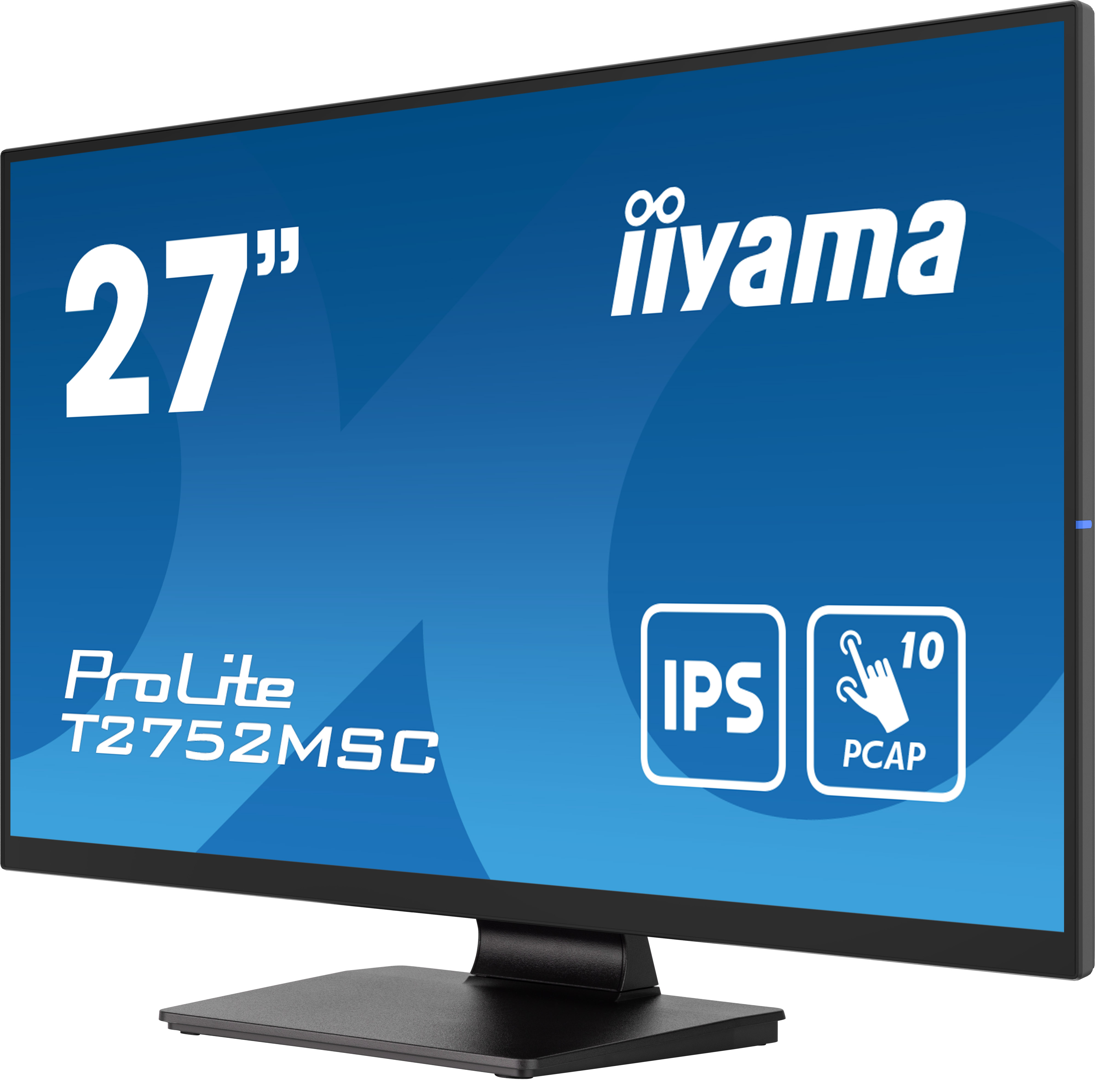 Czarny monitor Iiyama wyświetla tekst "27", "iiyama", "ProLite T2752MSC" i ikony. Monitor stoi na czarnej podstawie.
