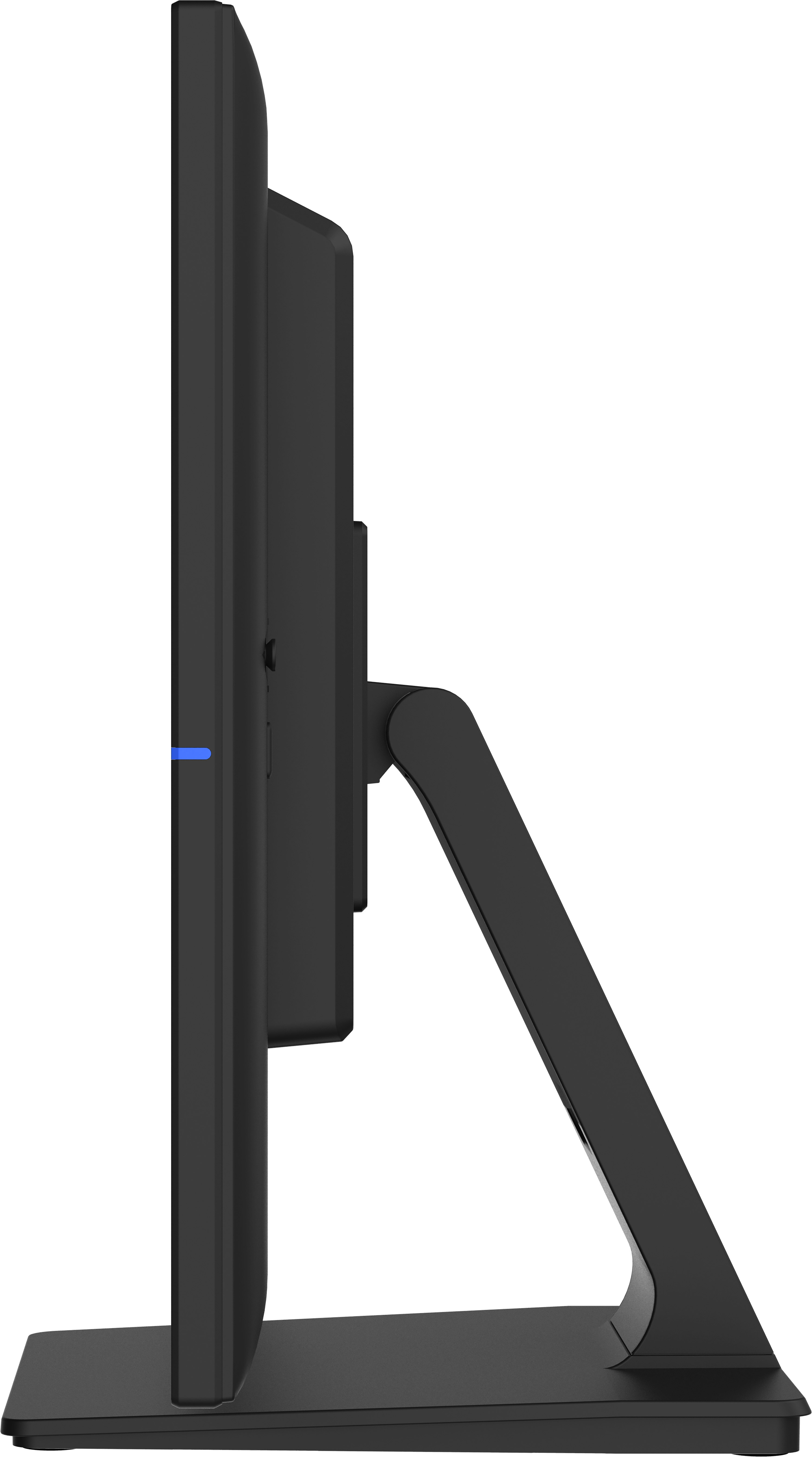 Czarny monitor komputera widoczny z boku. Ma podstawkę i niebieski wskaźnik zasilania. Tło jest białe.