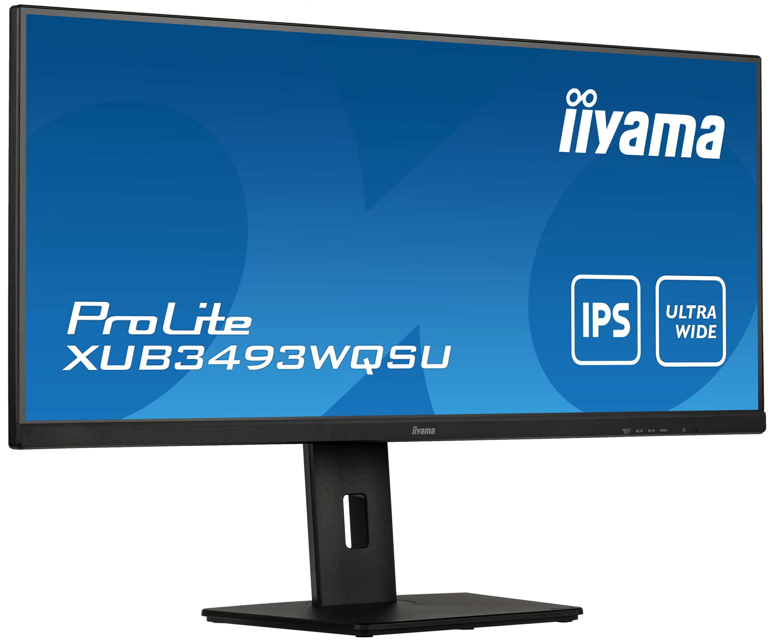 Monitor wyświetlający iiyama ProLite XUB3493WQS, IPS, Ultra Wide. Czarny ze stojakiem. Ekran jest niebieski.