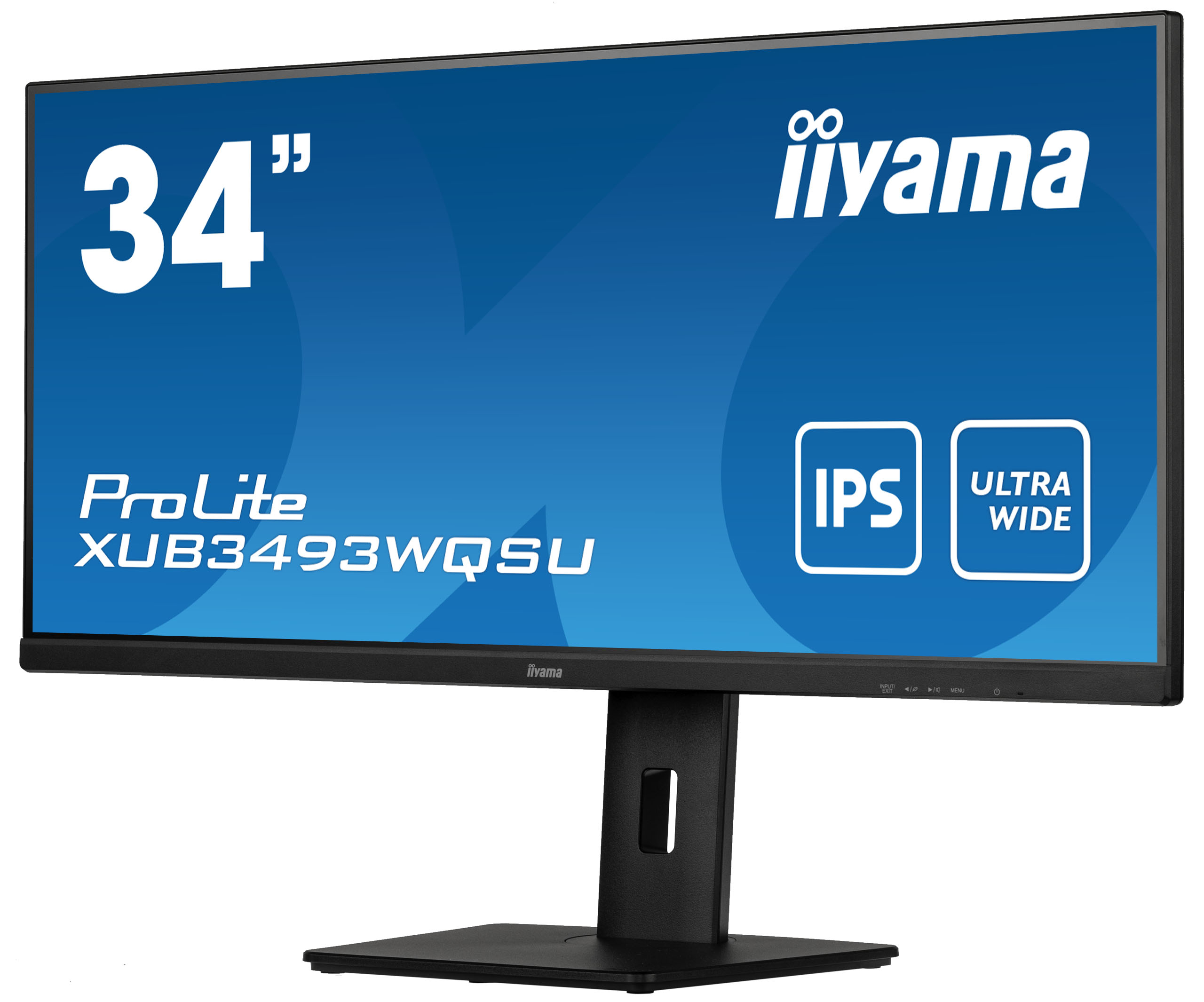34-calowy monitor iiyama. Posiada etykiety ProLite, IPS i Ultra Wide. Ekran jest niebieski. Podstawa jest czarna.