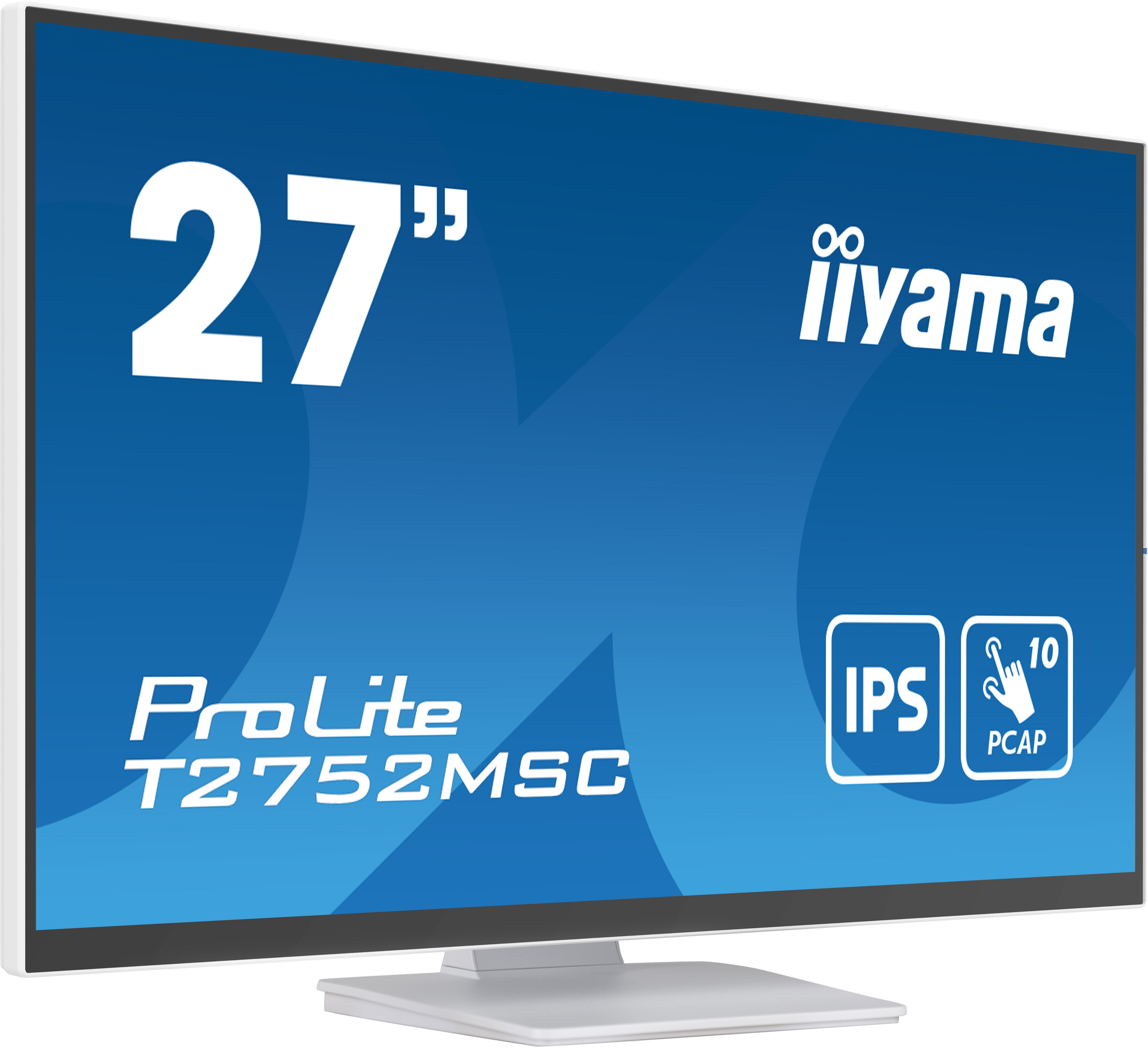 Un monitor Iiyama ProLite T2752MSC de 27 pulgadas sobre un soporte blanco. La pantalla es azul con texto y logotipos blancos.