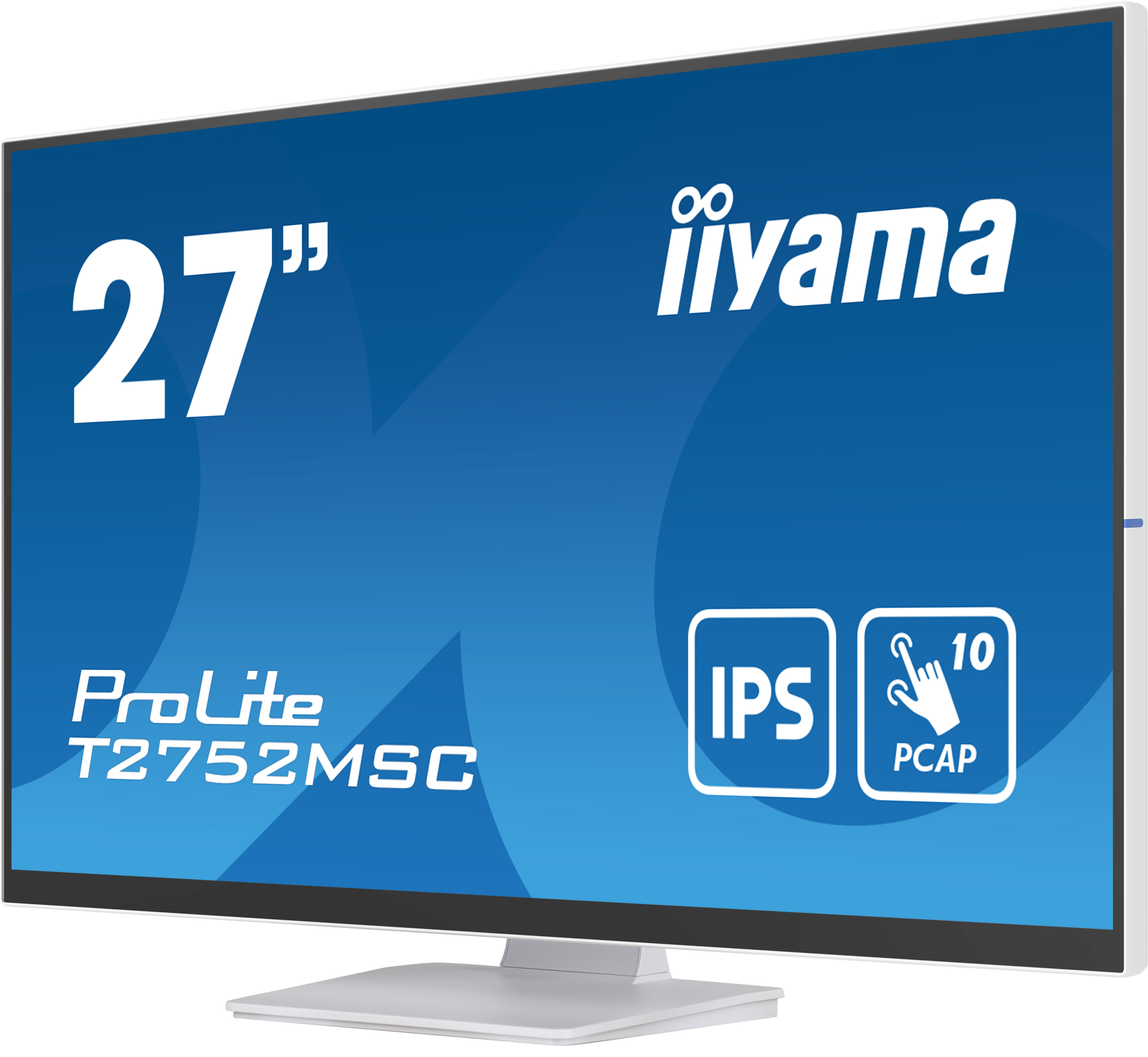 Un monitor iiyama ProLite T2752MSC de 27" con IPS, PCAP y funciones táctiles sobre un soporte blanco.