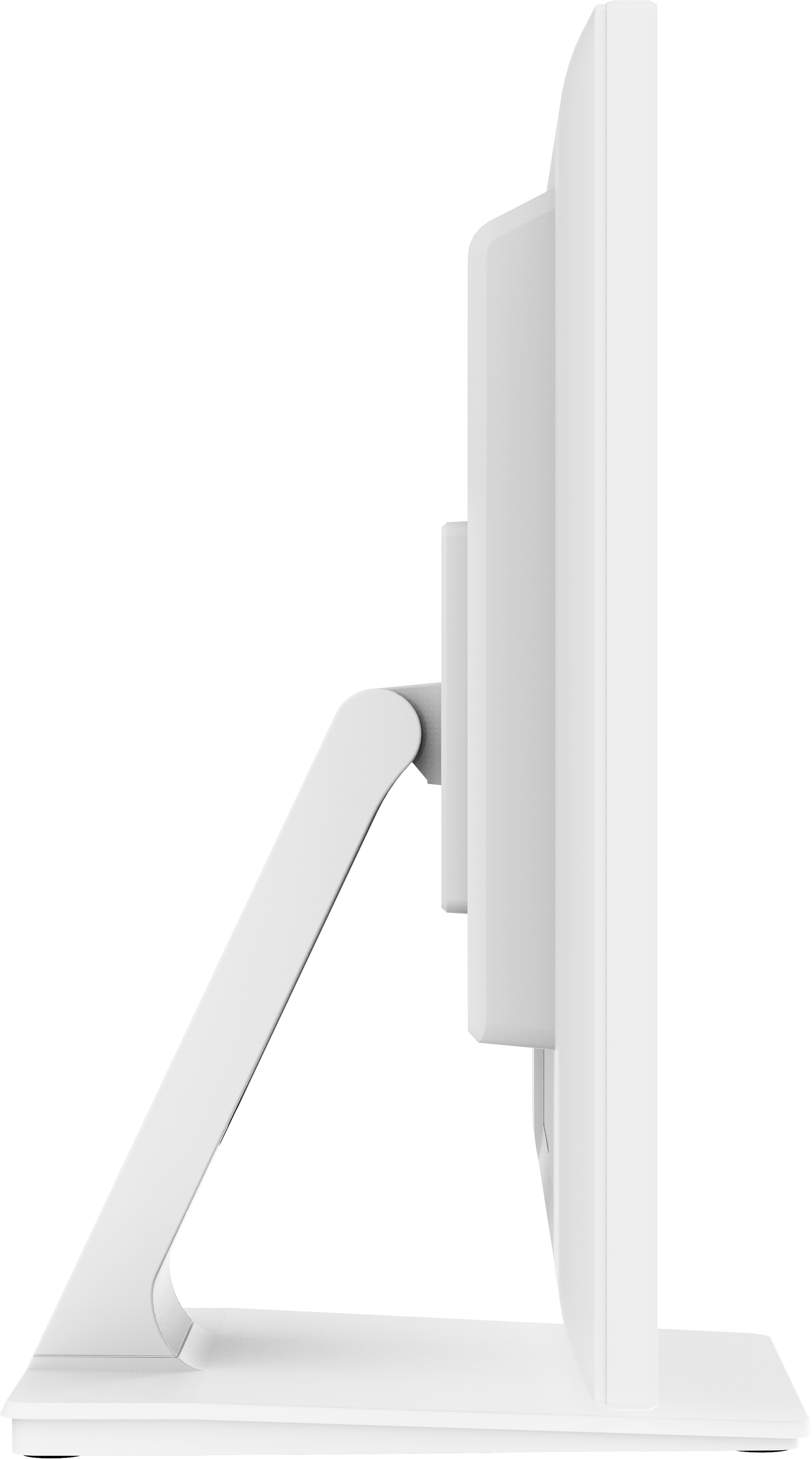 Vista lateral de un monitor de computadora blanco. Tiene soporte, brazo y pantalla. Todos los componentes son blancos.