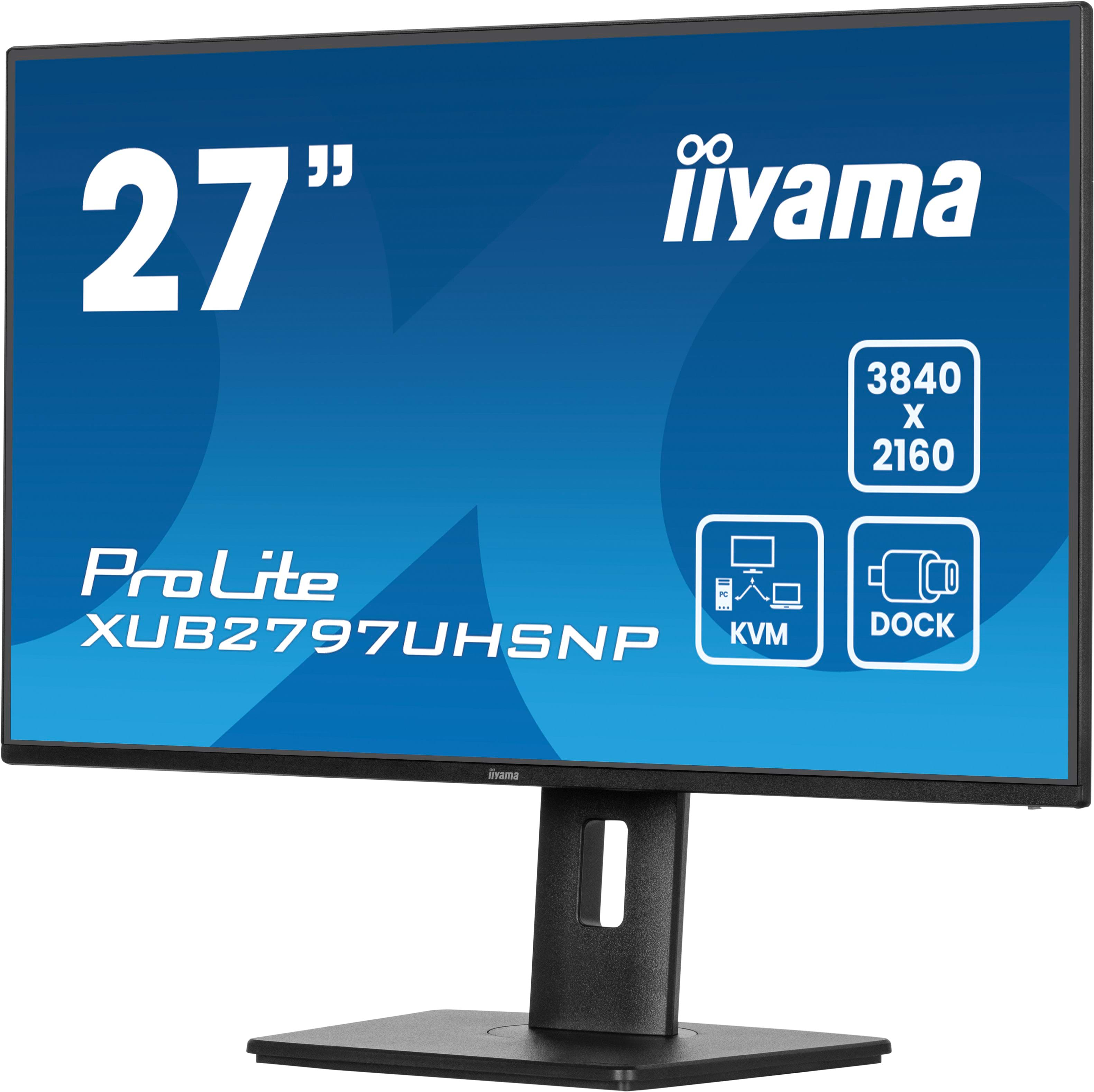 A 27-inch Iiyama ProLite monitor, black frame, blue screen. Features: KVM, Dock, 3840x2160 resolution.