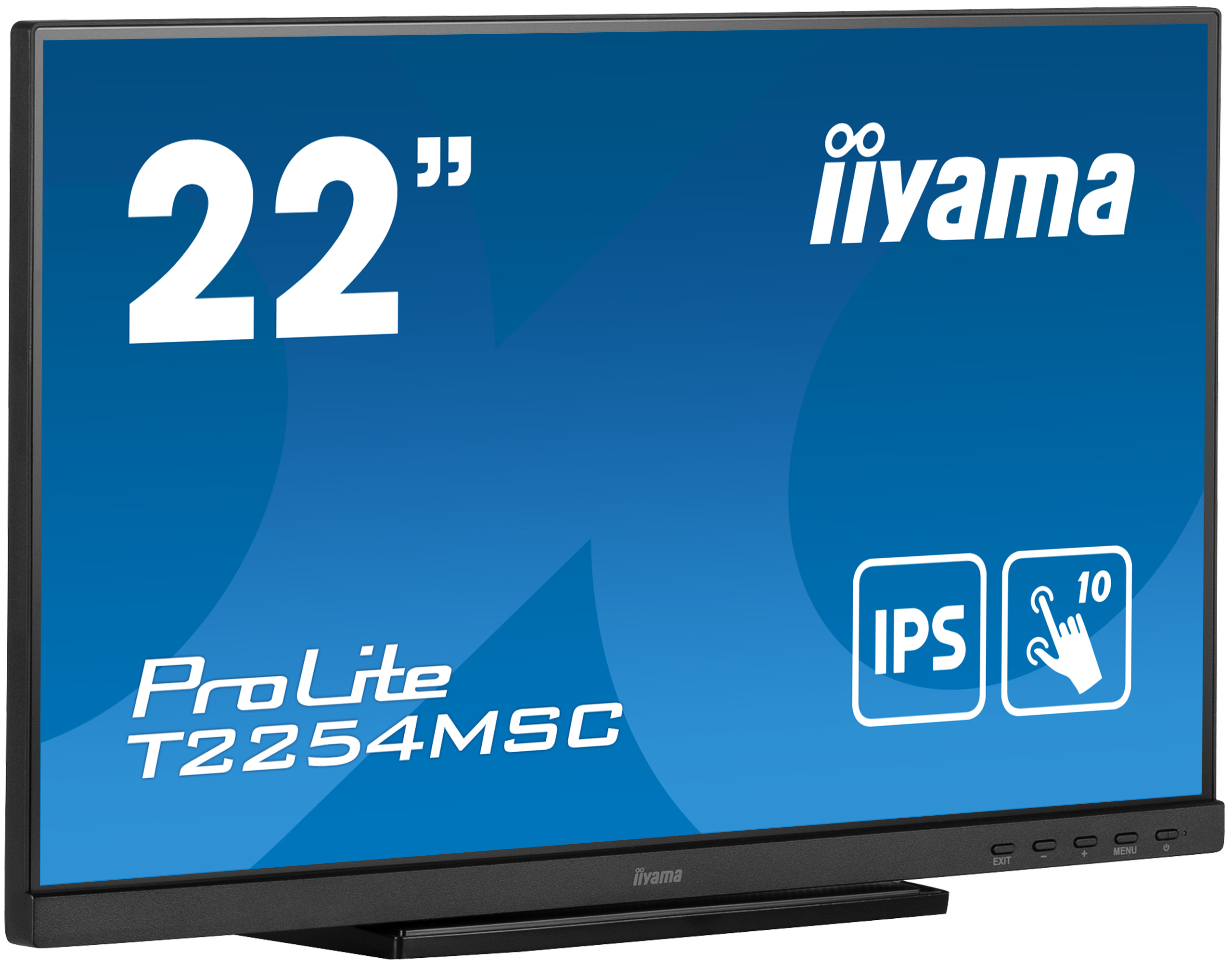 Un monitor touchscreen Iiyama ProLite T2254MSC da 22 pollici. Schermo blu con testo e icone bianche. Cornice e base nere.