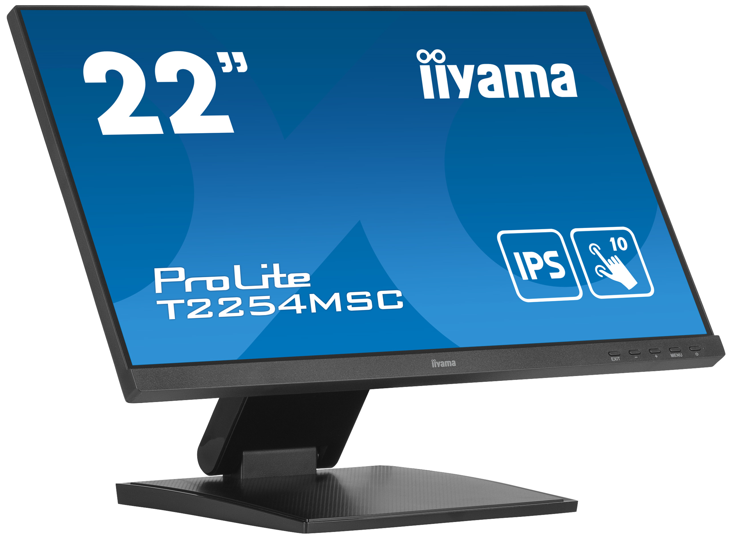 Un monitor Iiyama mostra uno schermo blu con testo e loghi bianchi, tra cui '22", ProLite' e IPS.