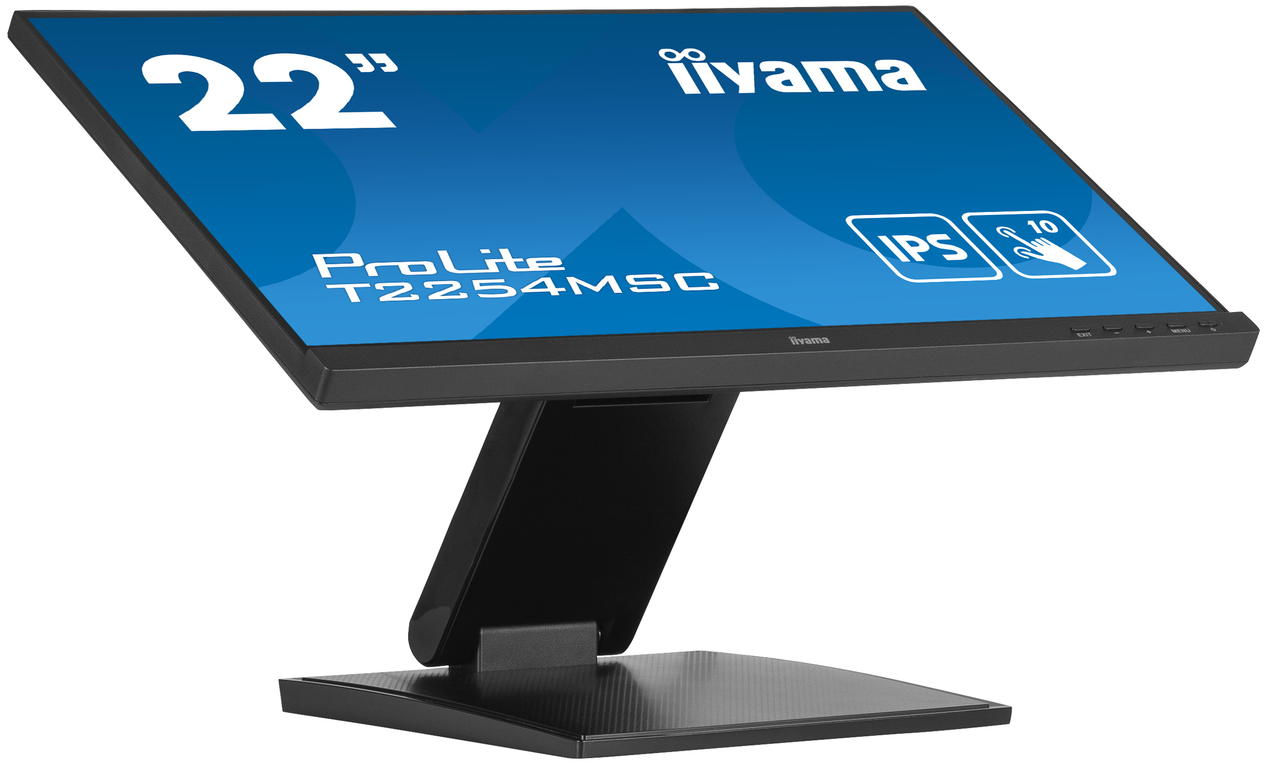 Un monitor iiyama ProLite T2254MSC da 22". Lo schermo è blu con testo bianco. È montato su un supporto nero.