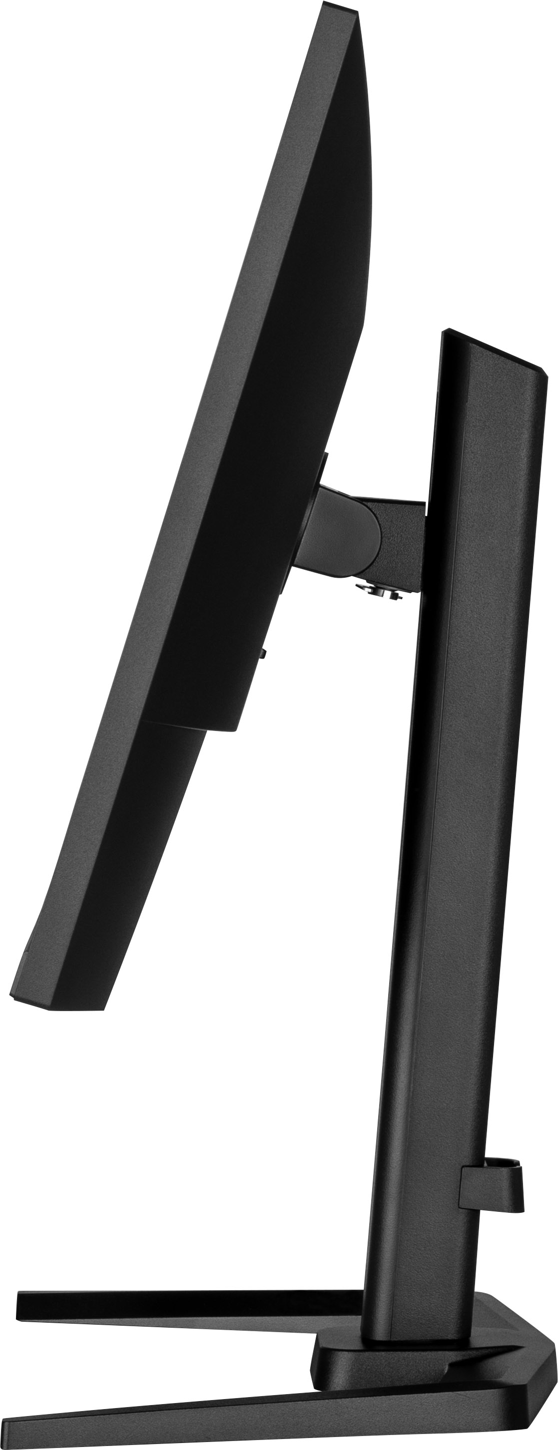 Czarny monitor komputera, lekko pochylony, pokazany z boku. Stojak i jego elementy są również czarne, na białym tle.