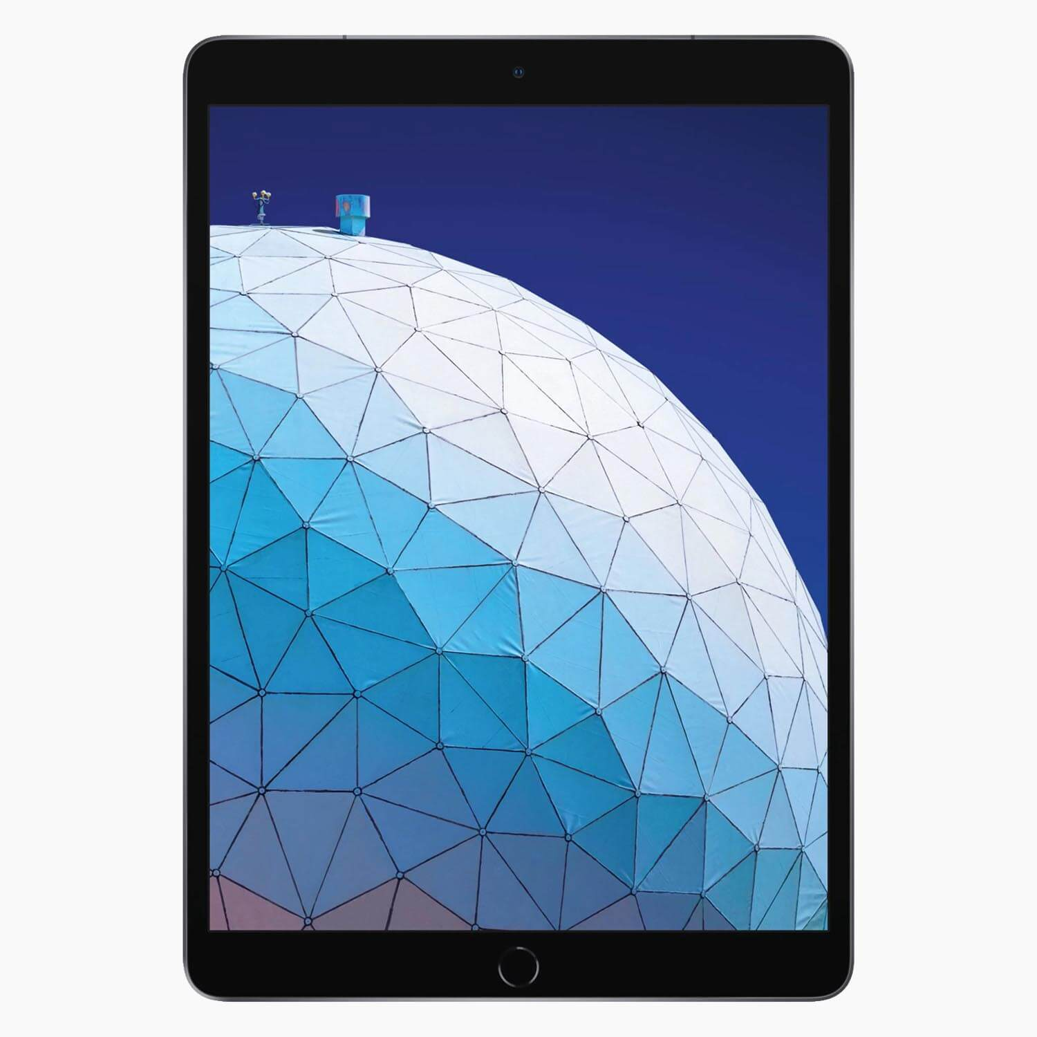 A tablet displays a geometric blue and white design. The tablet is black with a camera at the top. The background is blue.