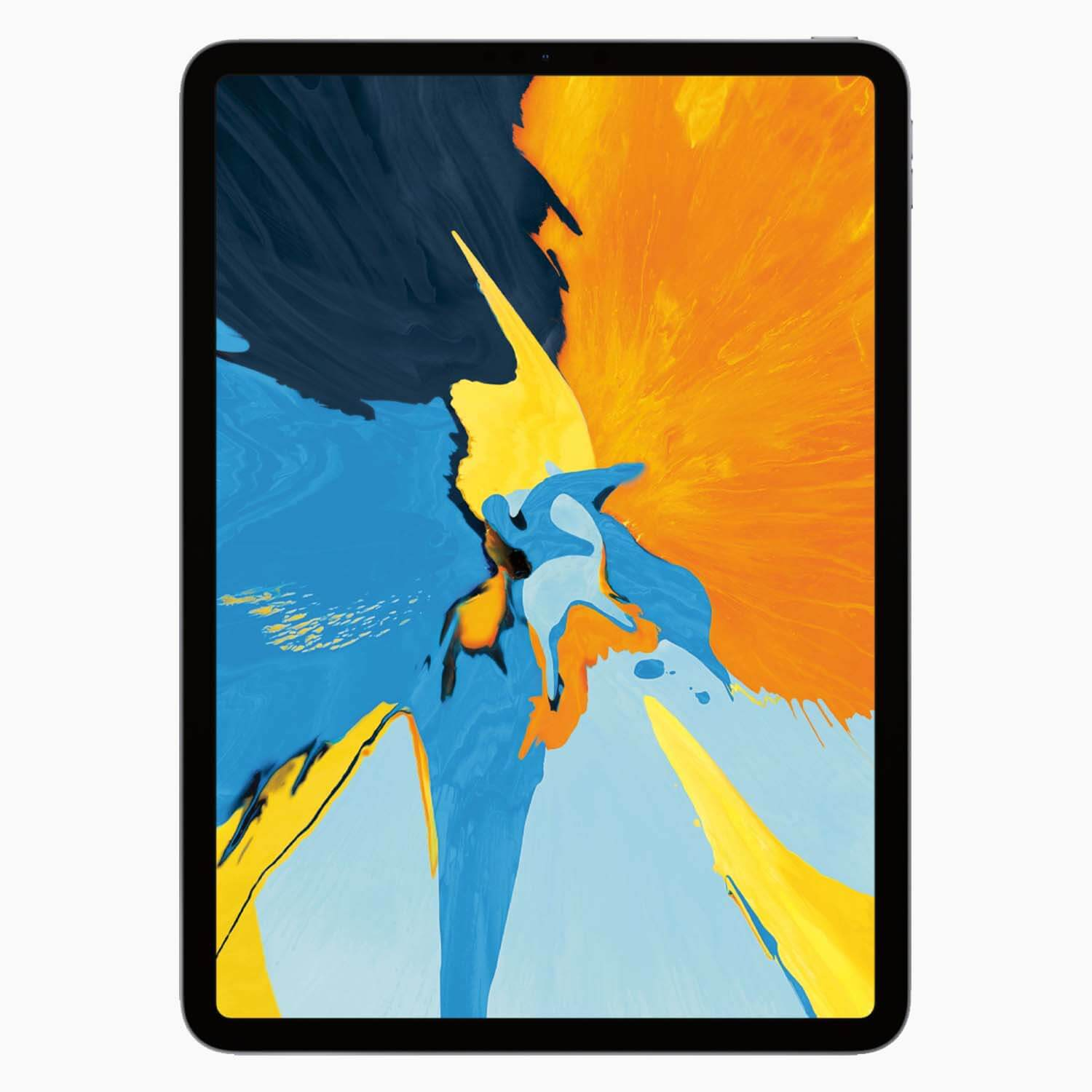 Ein Tablet mit schwarzem Rahmen zeigt abstrakte Kunst mit blauen, gelben und orangen Pinselstrichen auf weißem Hintergrund.