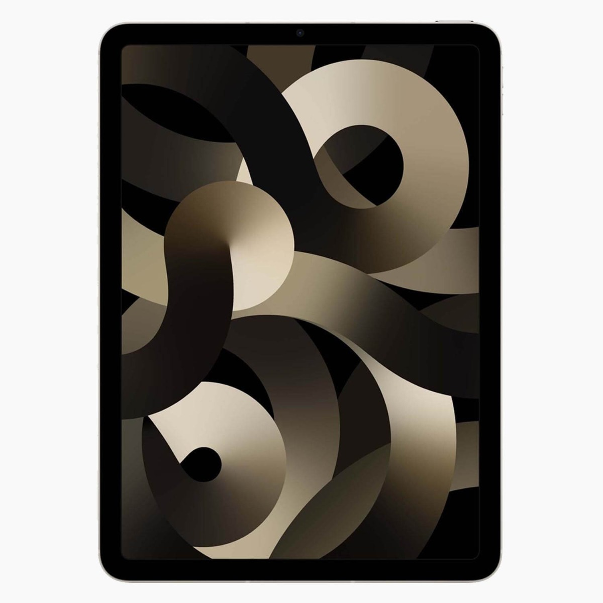 Een tablet toont een abstract ontwerp in zwart en beige. De tablet heeft een zwarte rand en een zilveren frame.