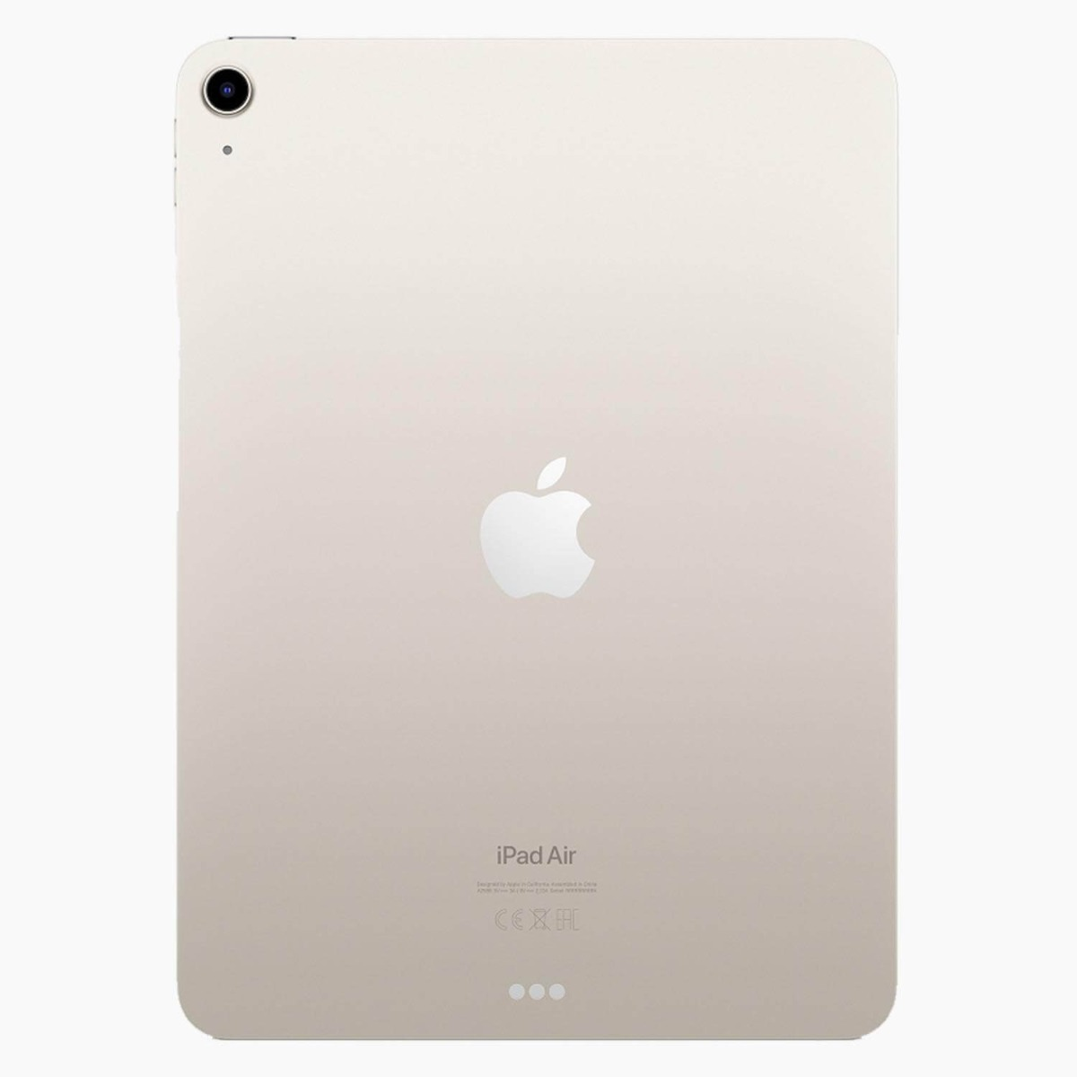 Vista posteriore di un iPad Air beige chiaro. Ha una fotocamera, il logo Apple e la scritta 'iPad Air'. Lo sfondo è bianco.