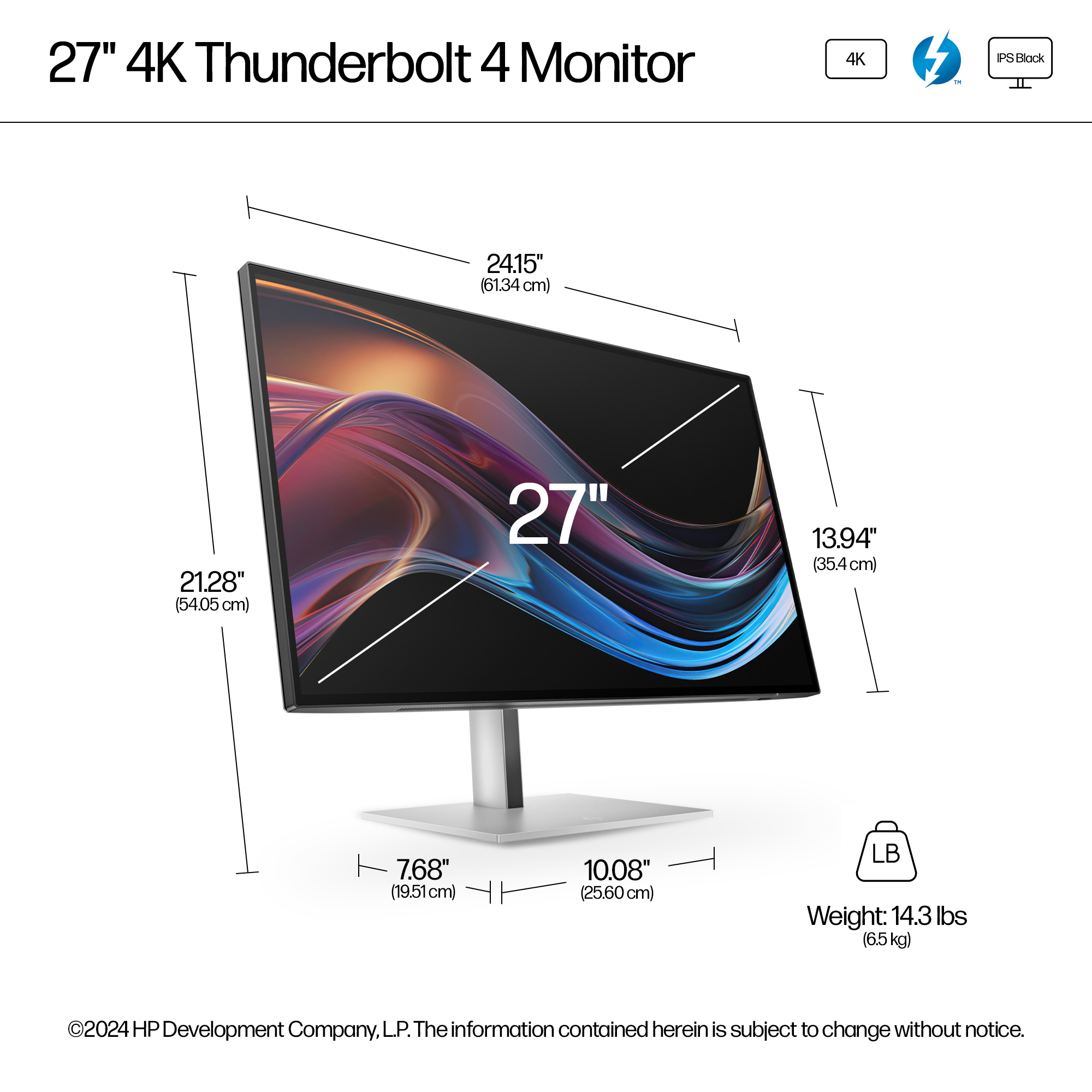 Un monitor Thunderbolt 4 de 27 pulgadas y 4K. Las dimensiones se muestran con medidas. El monitor tiene un soporte plateado y un bisel negro.