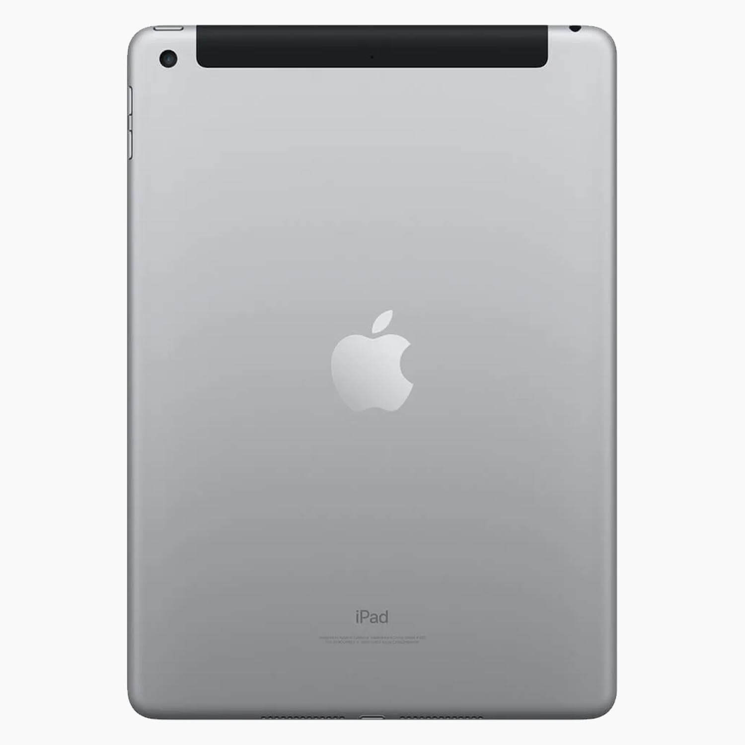 Parte trasera de iPad plateada con logo de Apple. Parte superior con barra negra. La palabra 'iPad' abajo. Cámara y botones visibles.