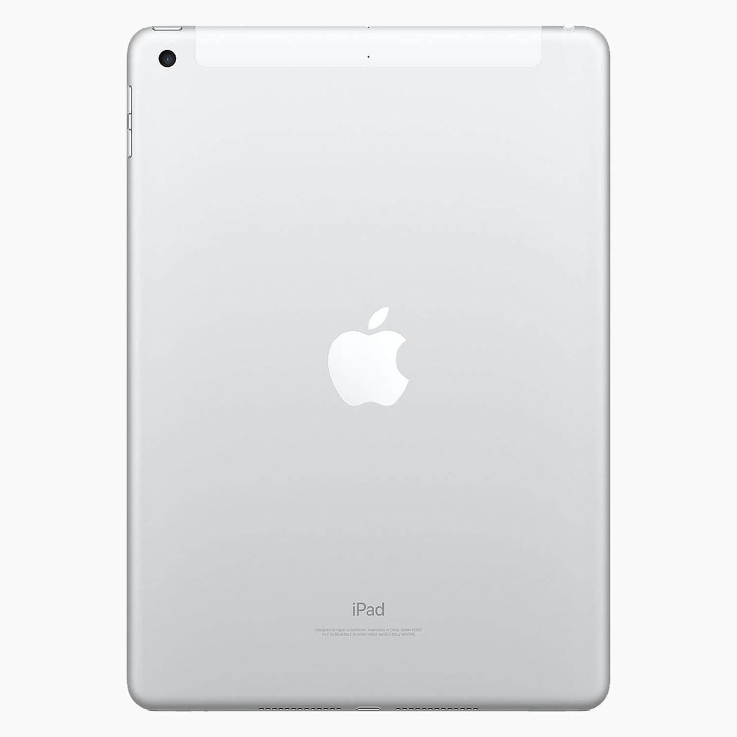 Achterkant van een zilveren iPad, Apple-logo op de achterkant. Cameralens aan de bovenkant. iPad-label aan de onderkant. Afgeronde hoeken.