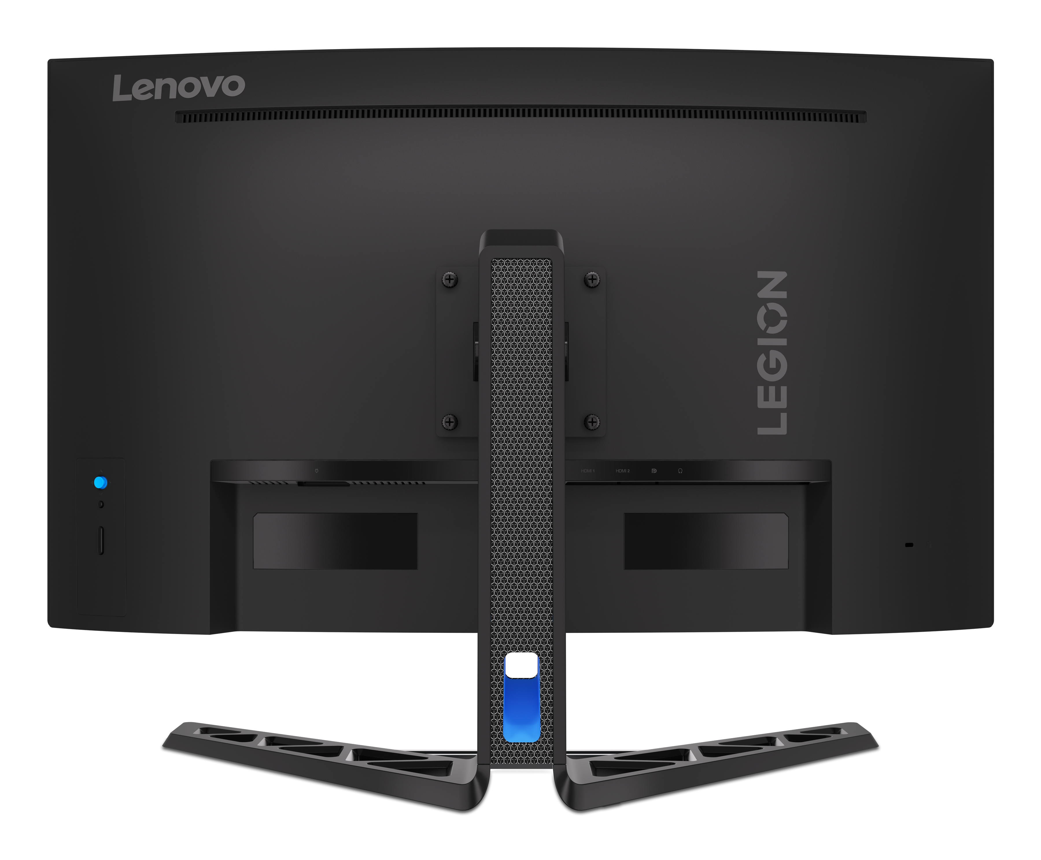 Tył czarnego monitora Lenovo Legion. Posiada podstawkę, centralną kolumnę oraz logo Lenovo i Legion.