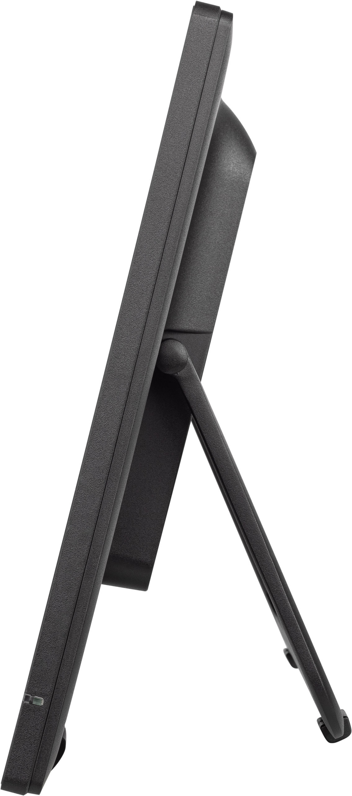 Czarny tablet ze stojakiem. Ekran jest pochylony, pokazując widok z boku. Jest na białym tle.