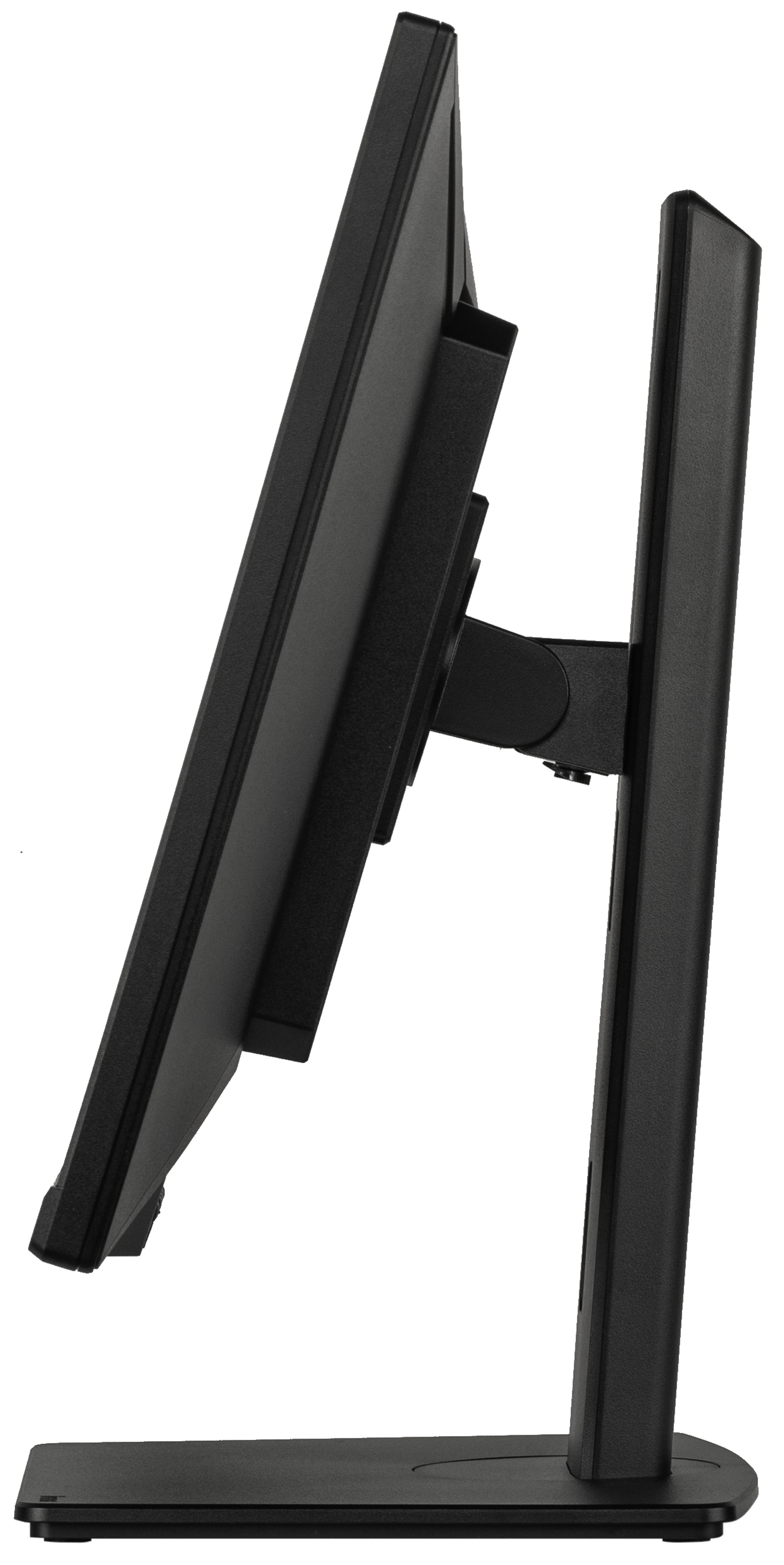 Czarny monitor komputera w profilu, pokazujący ekran, stojak i podstawę. Tło jest białe.