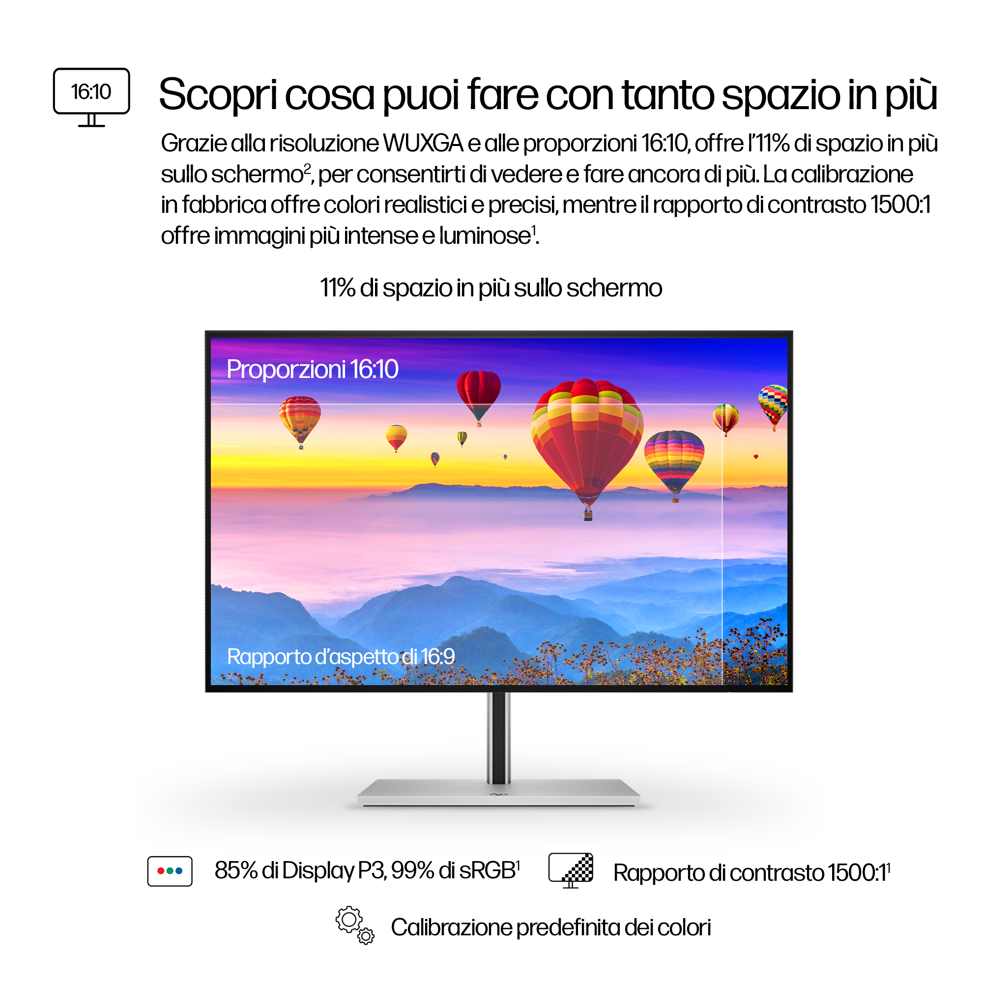 Il monitor mostra un paesaggio con mongolfiere. I dettagli includono proporzioni, calibrazione colore e rapporto di contrasto.