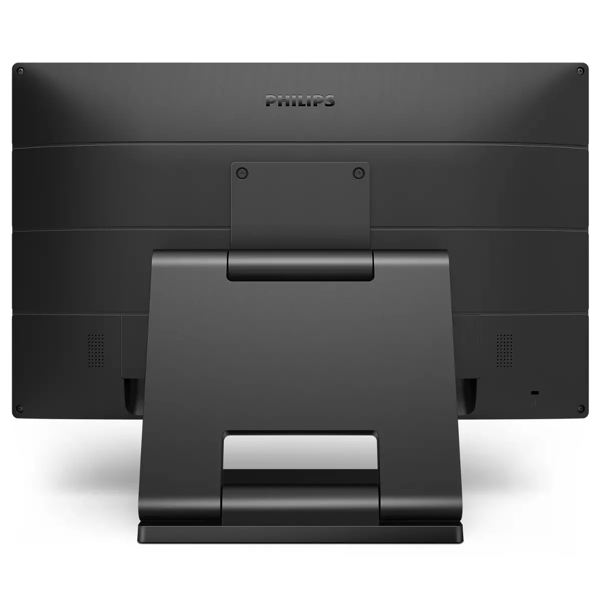 Tył czarnego monitora Philips na stojaku. Stojak jest również czarny. Słowo Philips jest widoczne.