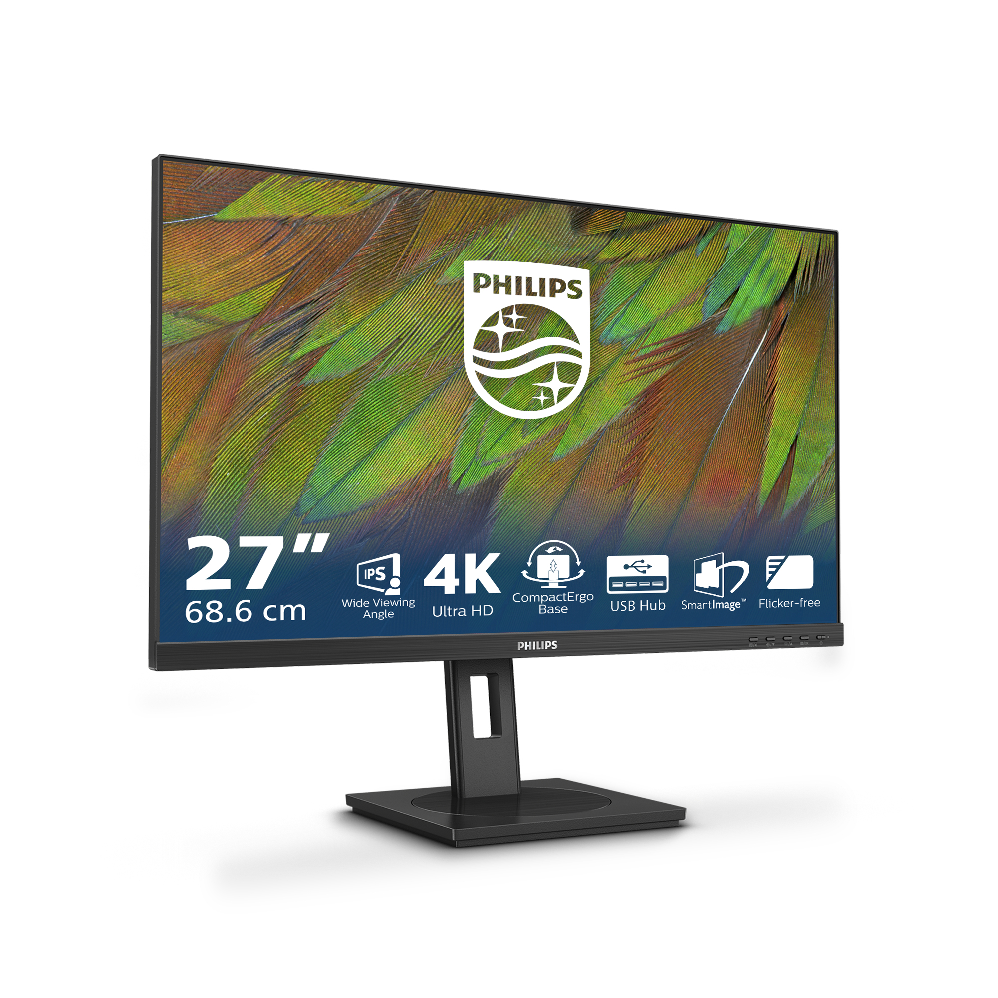 27-calowy monitor Philips z rozdzielczością 4K. Ma czarną ramkę i podstawę oraz kolorowe tło. Funkcje obejmują USB i Flicker-free.