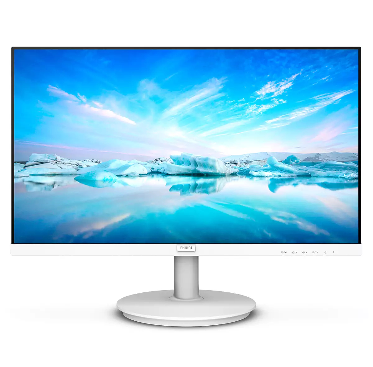 Beyaz bir Philips monitör, bulutlu bir gökyüzünün altında, mavi bir gölde buzdağları manzarasını gösteriyor. Monitör beyaz bir taban üzerinde duruyor.