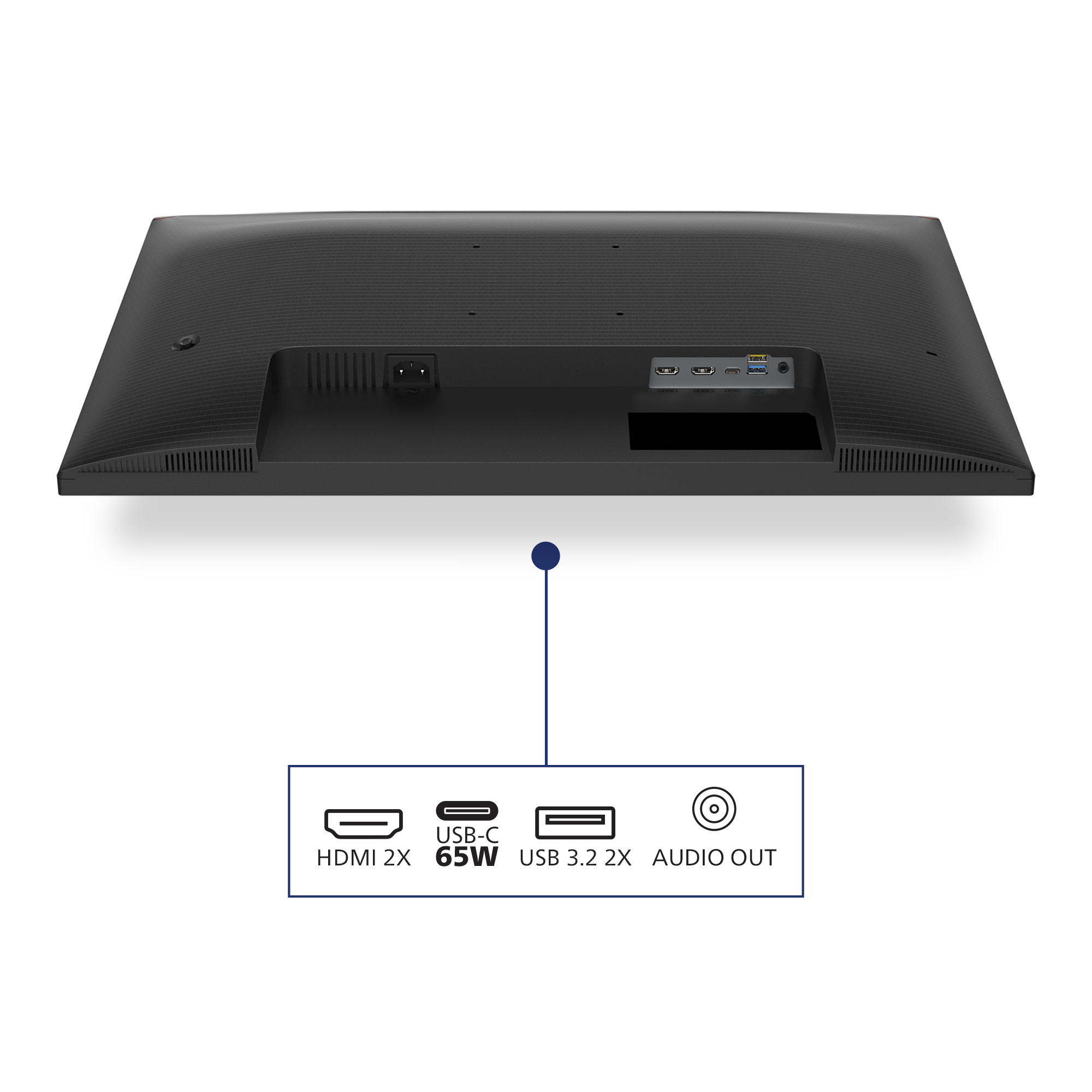 Tył czarnego monitora z portami: HDMI, USB-C, USB i wyjściem audio. Białe tło, wyraźna etykieta.