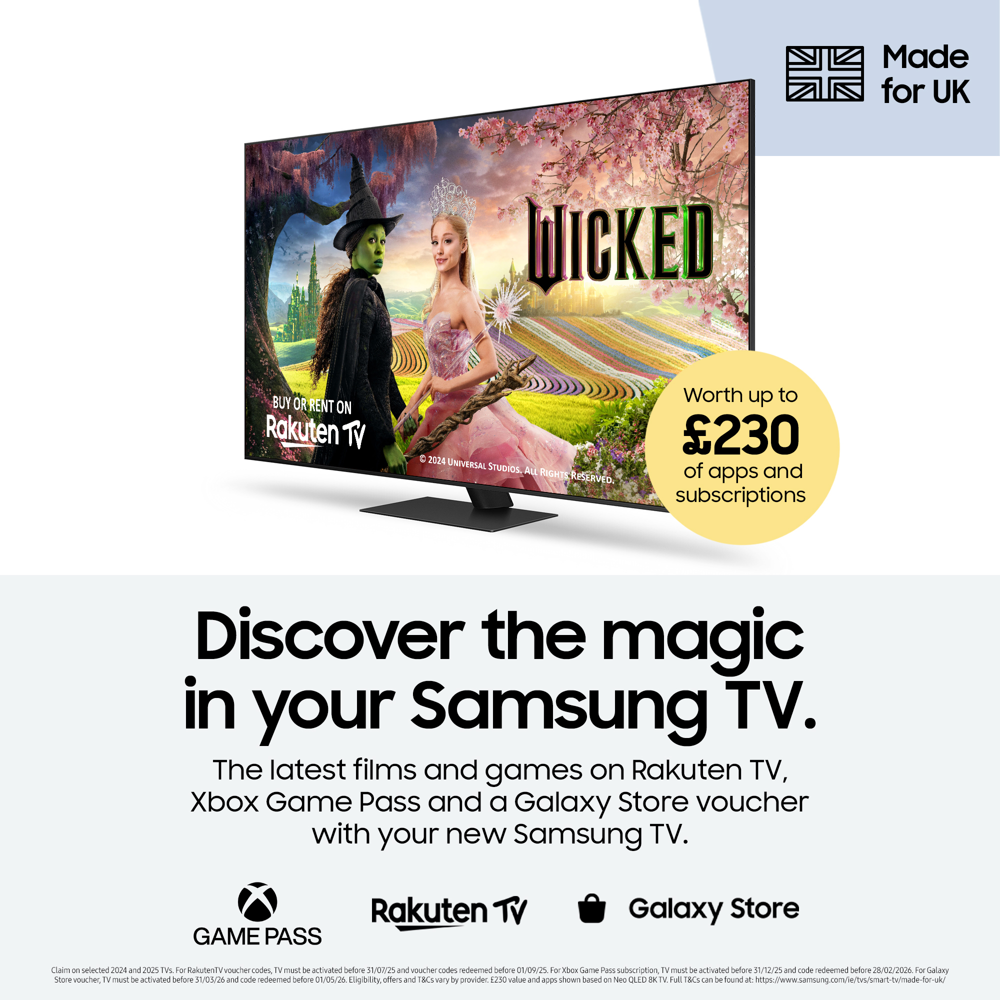 TV mostra pubblicità del film 'Wicked'. Strega e bionda in campo colorato. Testo pubblicizza Samsung TV con pass giochi.