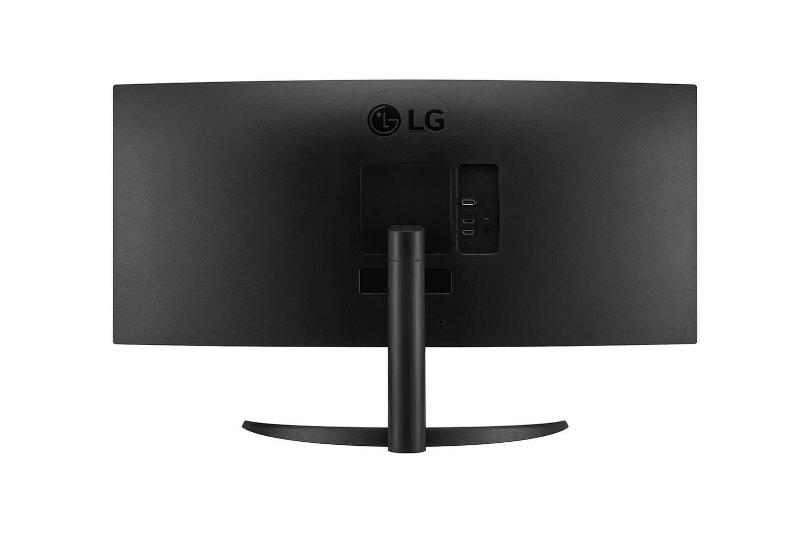 Monitor LG nero su sfondo bianco. Il monitor ha schermo curvo, supporto e porte. Il logo LG è in alto.