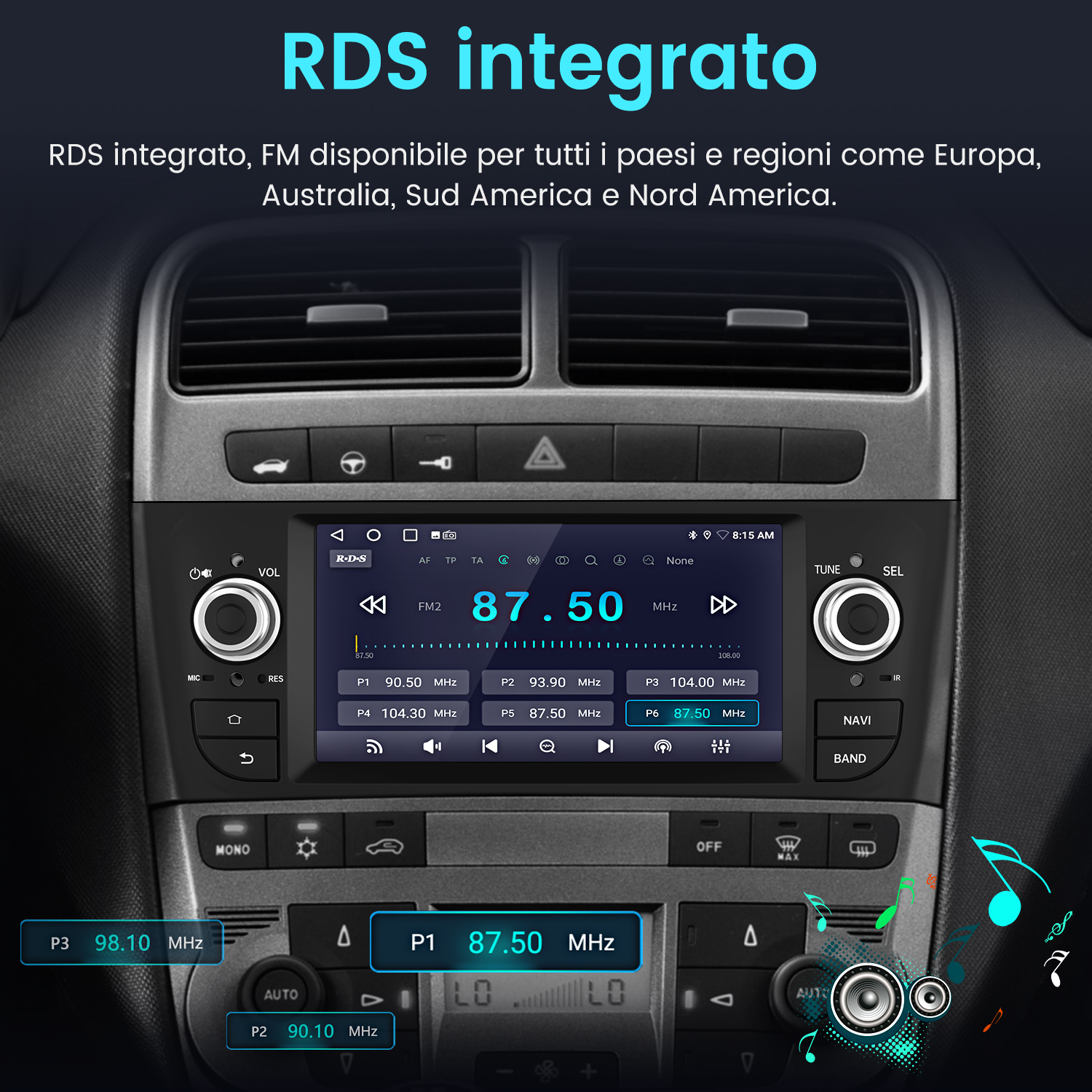 Autoradio che mostra 87,50 MHz. Tasti per stazioni, volume e sintonizzazione visibili. Lo schermo mostra RDS integrato.