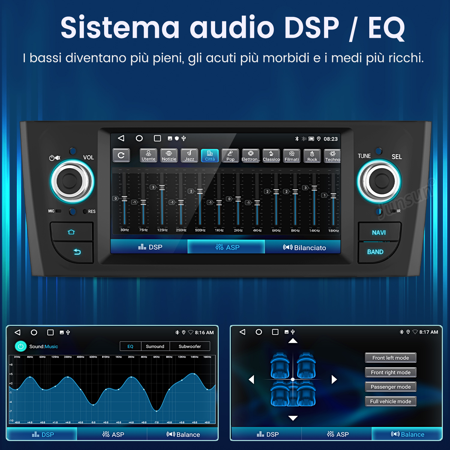 Interfaccia sistema audio auto con equalizzatore, impostazioni audio e opzioni di navigazione. Visualizza regolazioni di frequenza e modalità audio.