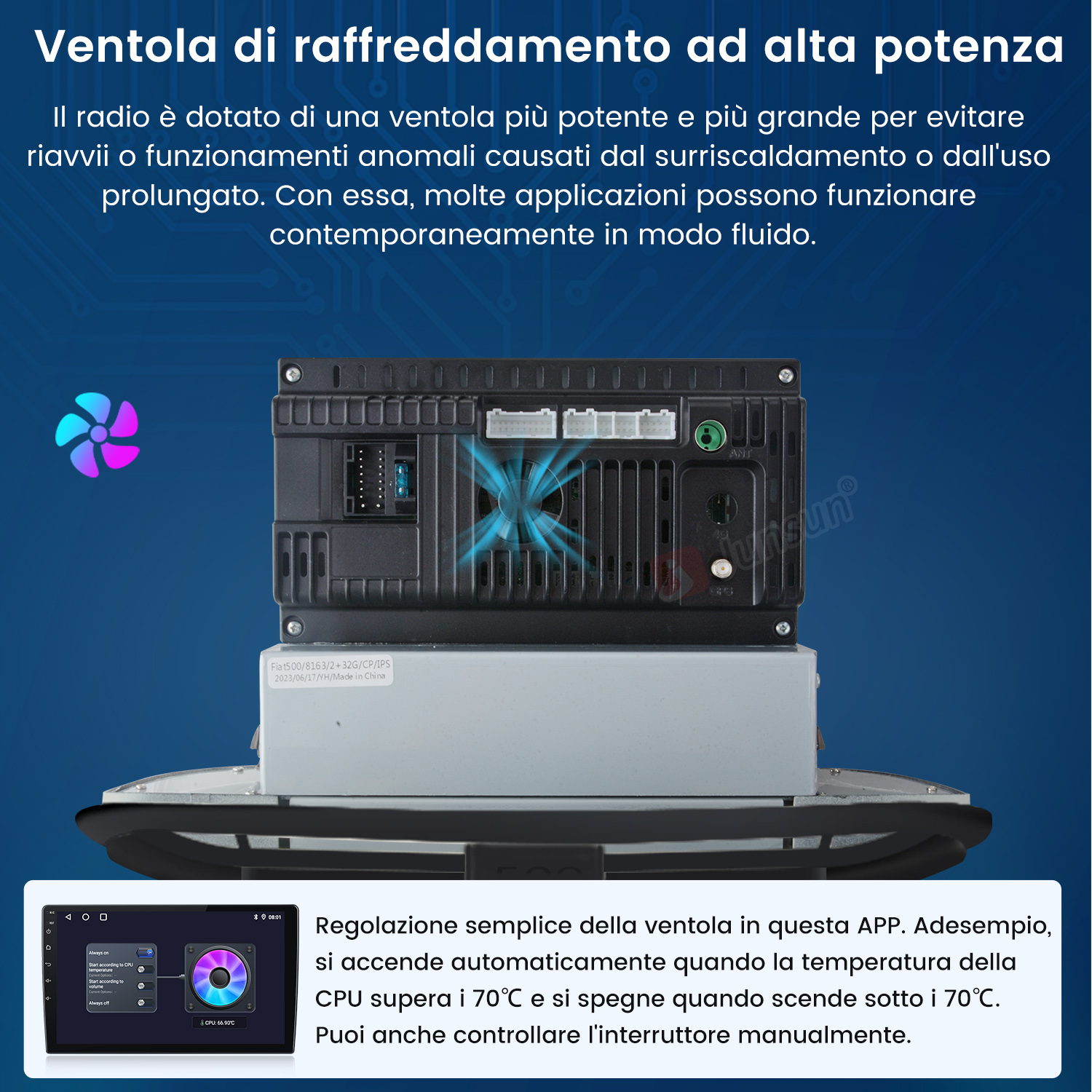 Autoradio con ventola di raffreddamento. Il testo spiega le funzioni. Lo schermo inferiore mostra le impostazioni. Grafica della ventola blu e viola.