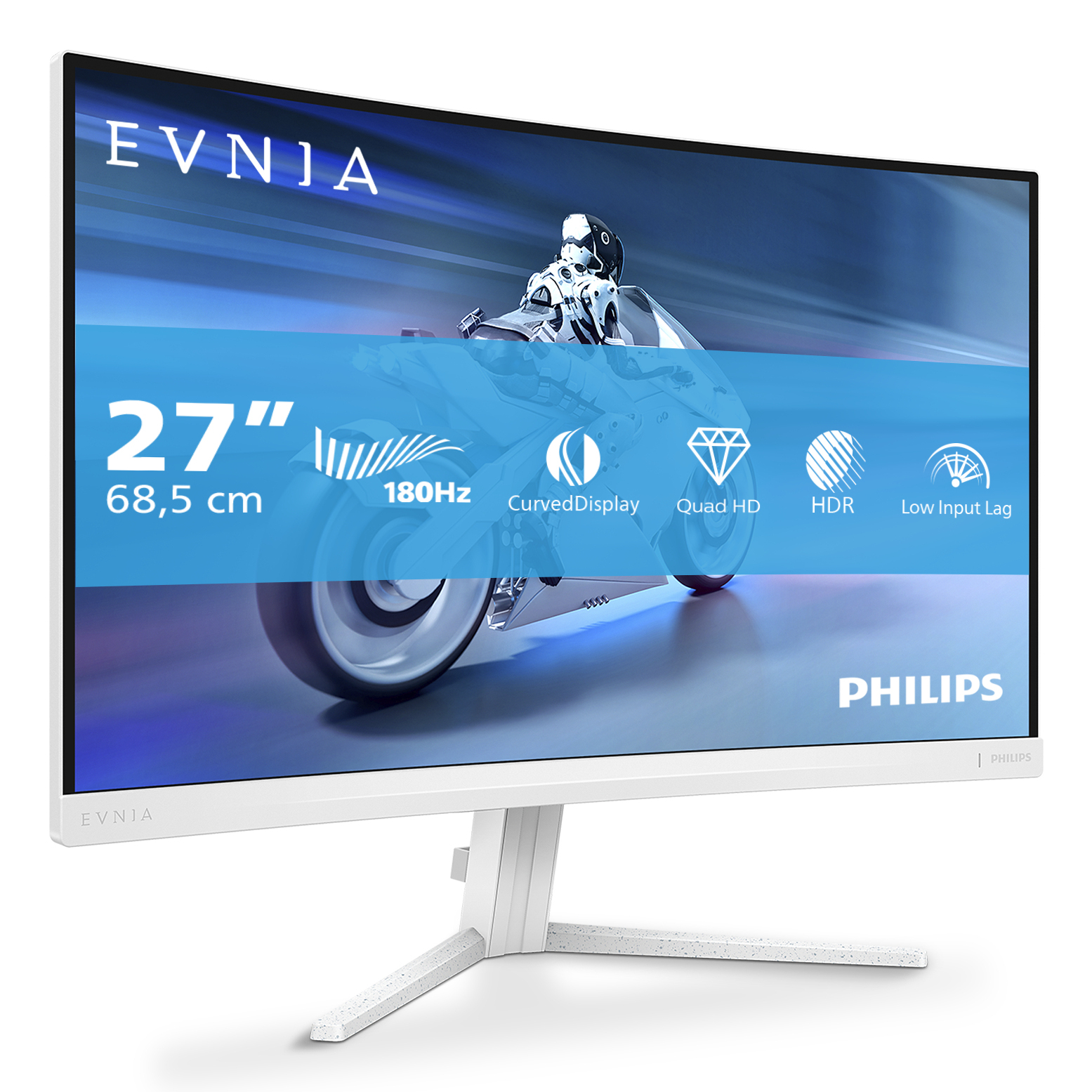 Biały zakrzywiony monitor z motocyklem na ekranie. Funkcje: 180Hz, Curved Display, Quad HD, HDR i niskie opóźnienie wejścia.
