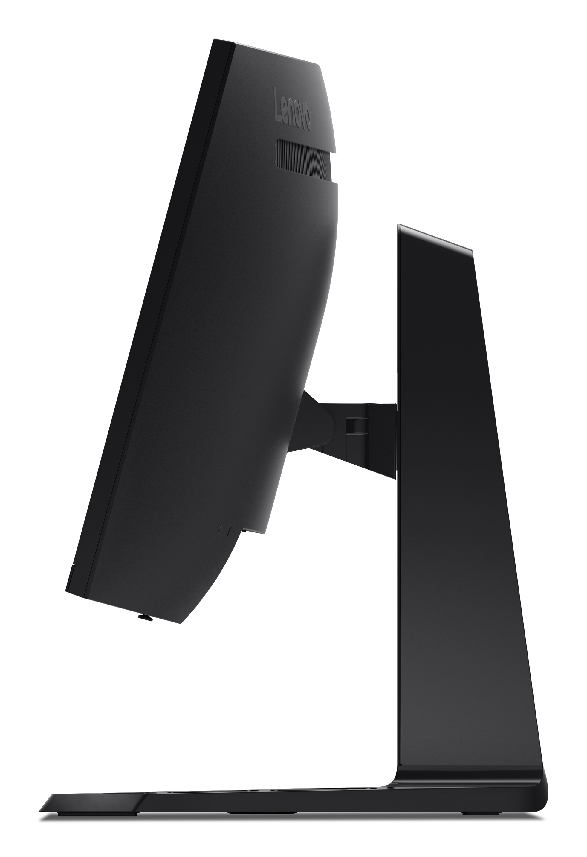 Czarny monitor Lenovo, widok z boku. Ekran jest pod kątem. Podstawa i stojak są również czarne. Tło jest białe.