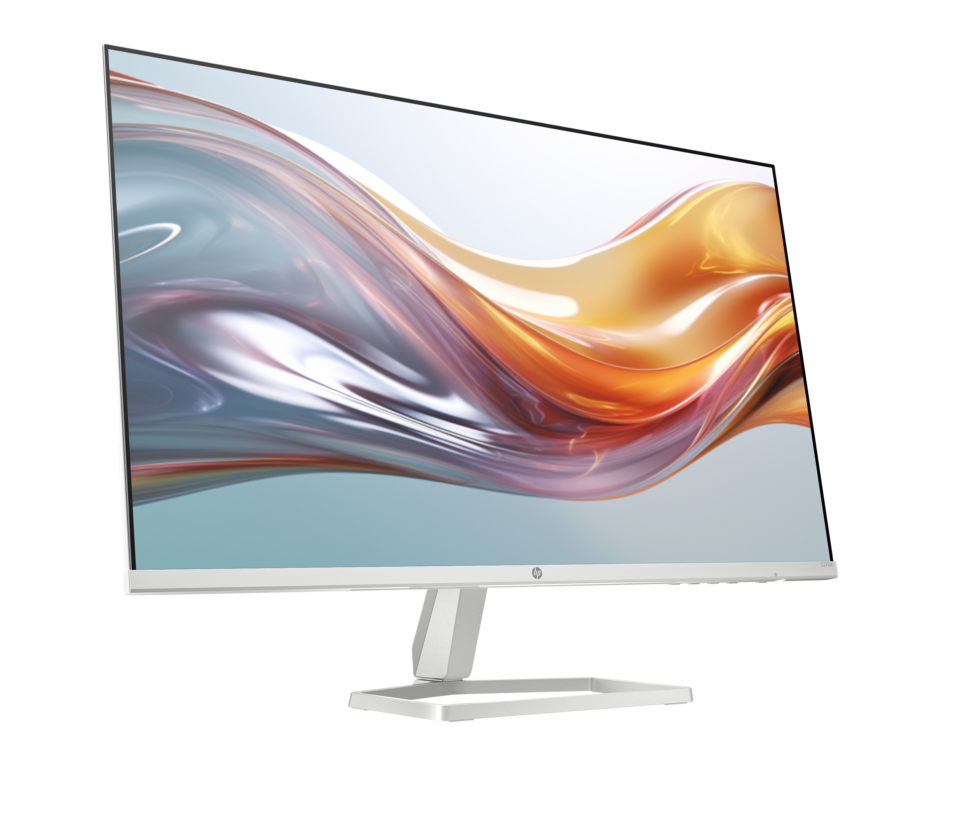 Un monitor HP con marco y soporte blancos. La pantalla muestra un diseño abstracto en naranja y azul.