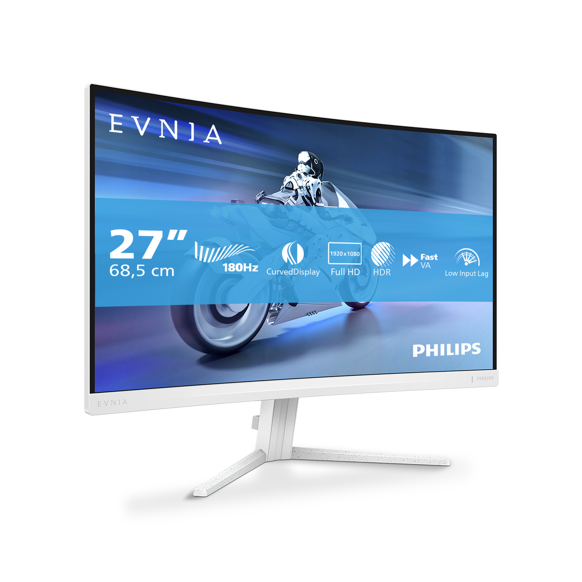 Biały monitor Philips. Ekran wyświetla futurystyczny motocykl. Funkcje obejmują: 27", 180Hz, zakrzywiony wyświetlacz, Full HD, HDR i niskie opóźnienie wejściowe.