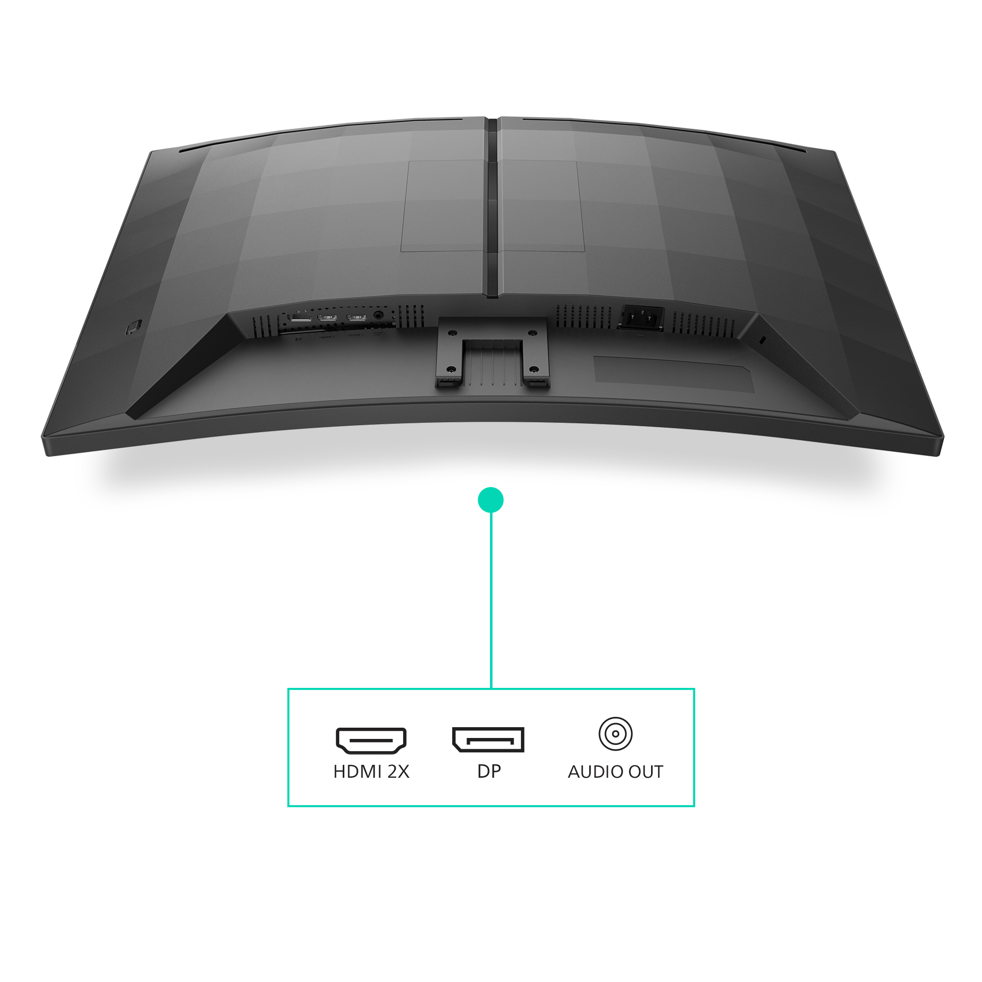 Tył zakrzywionego czarnego monitora z portami: 2x HDMI, DP, Wyjście audio. Białe tło.