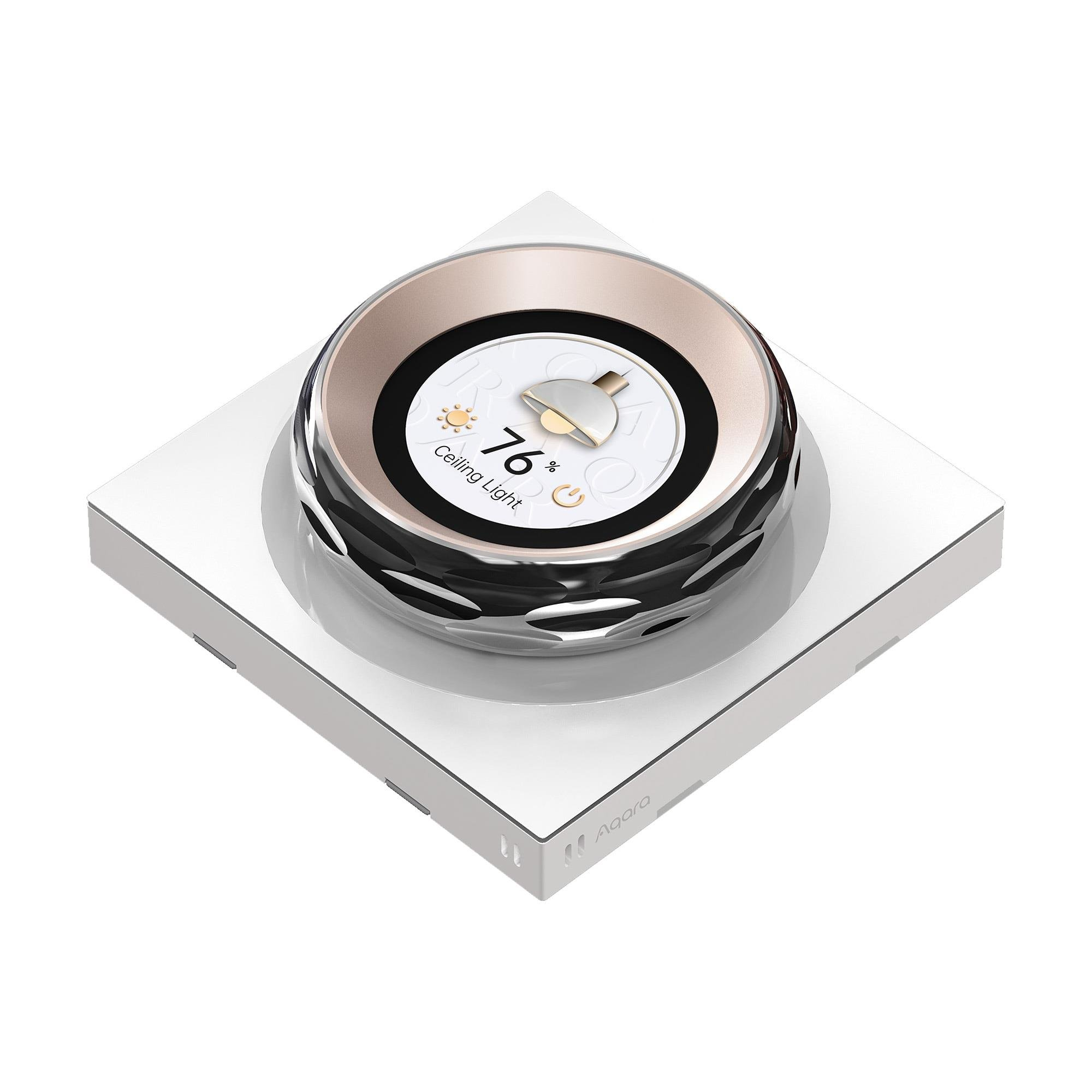 Inteligentny kontroler światła sufitowego na białej kwadratowej podstawie, z okrągłym panelem i wyświetlaczem.