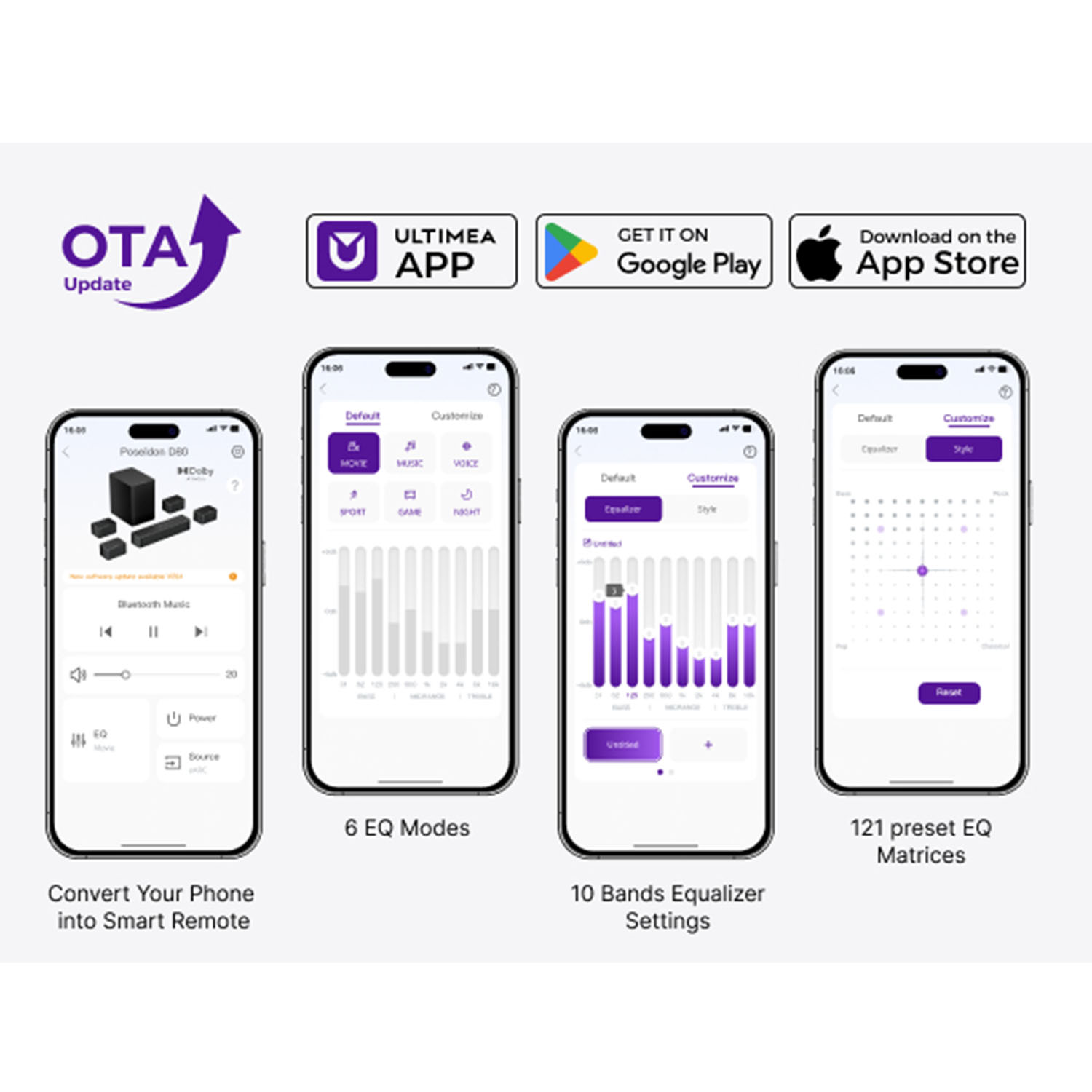 Bild zeigt eine App-Oberfläche mit Equalizer-Einstellungen, App-Store-Icons und einer Smart-Remote-Oberfläche auf einem Telefon.