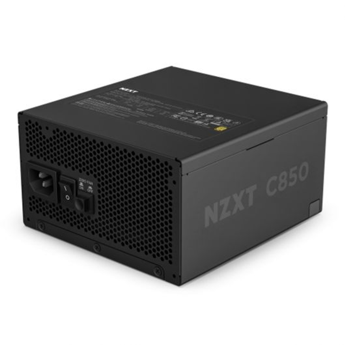 Black NZXT C850 power supply unit. It has a perforated side, power input, and power switch. The logo is visible.